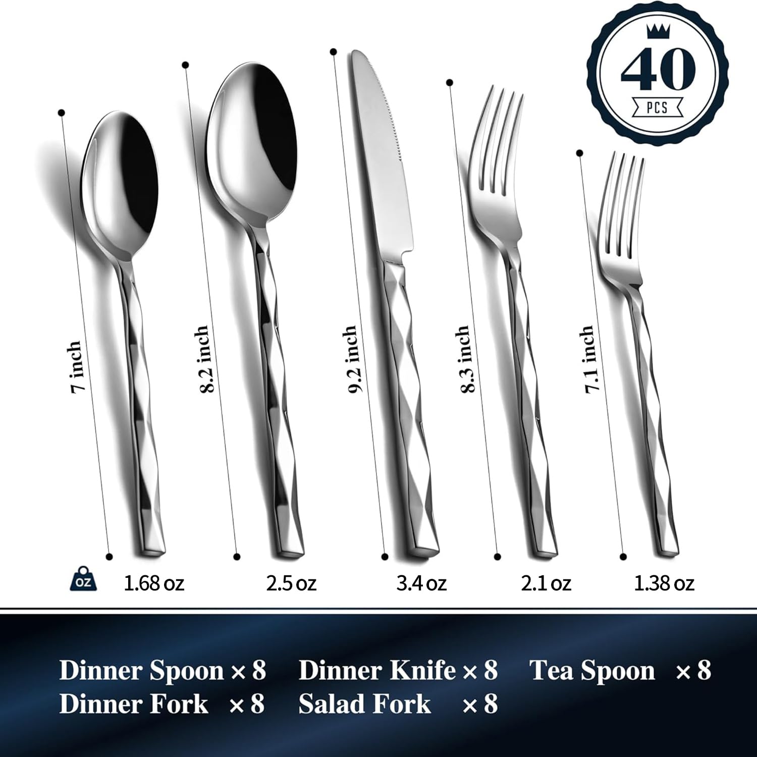 Premium 40-Piece Silverware Set for 8 - 18/10 Stainless Steel Flatware with Diamond Cut Pattern - Luxury Cutlery Set for Kitchen, Dining, Wedding & Party - Mirror Polished & Dishwasher Safe - Elegant Table Setting for Fine Dining & Entertaining