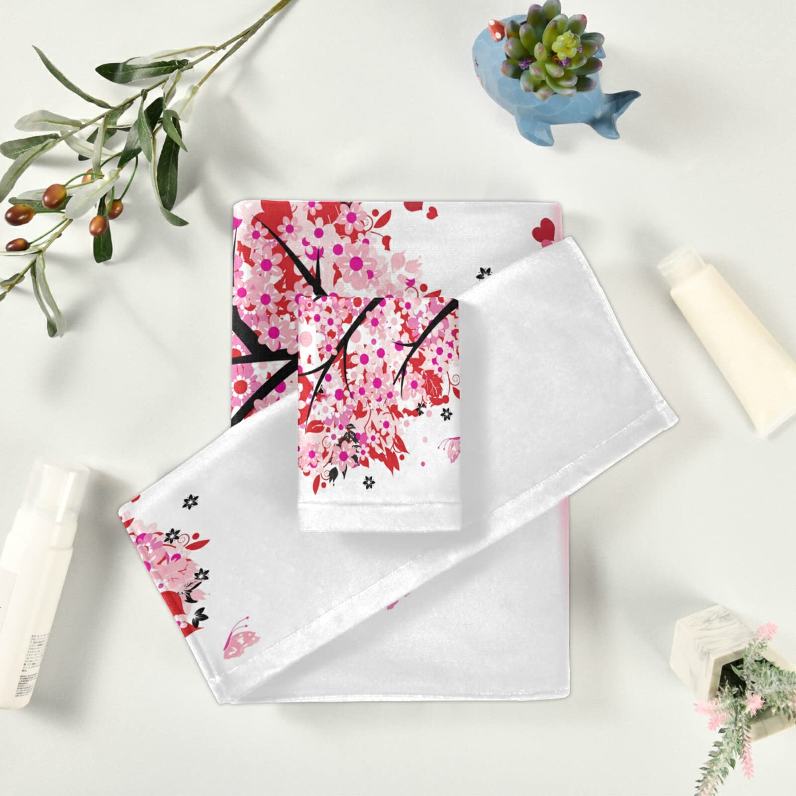 Pfrewn 3-Piece Pink Floral Heart Tree Bath Towel Set - Soft Absorbent Hand Towels, Washcloths & Guest Towels for Bathroom Decor | Romantic Valentine's Day Gift for Mom, Spring Home Decor & Bridal Shower Essentials