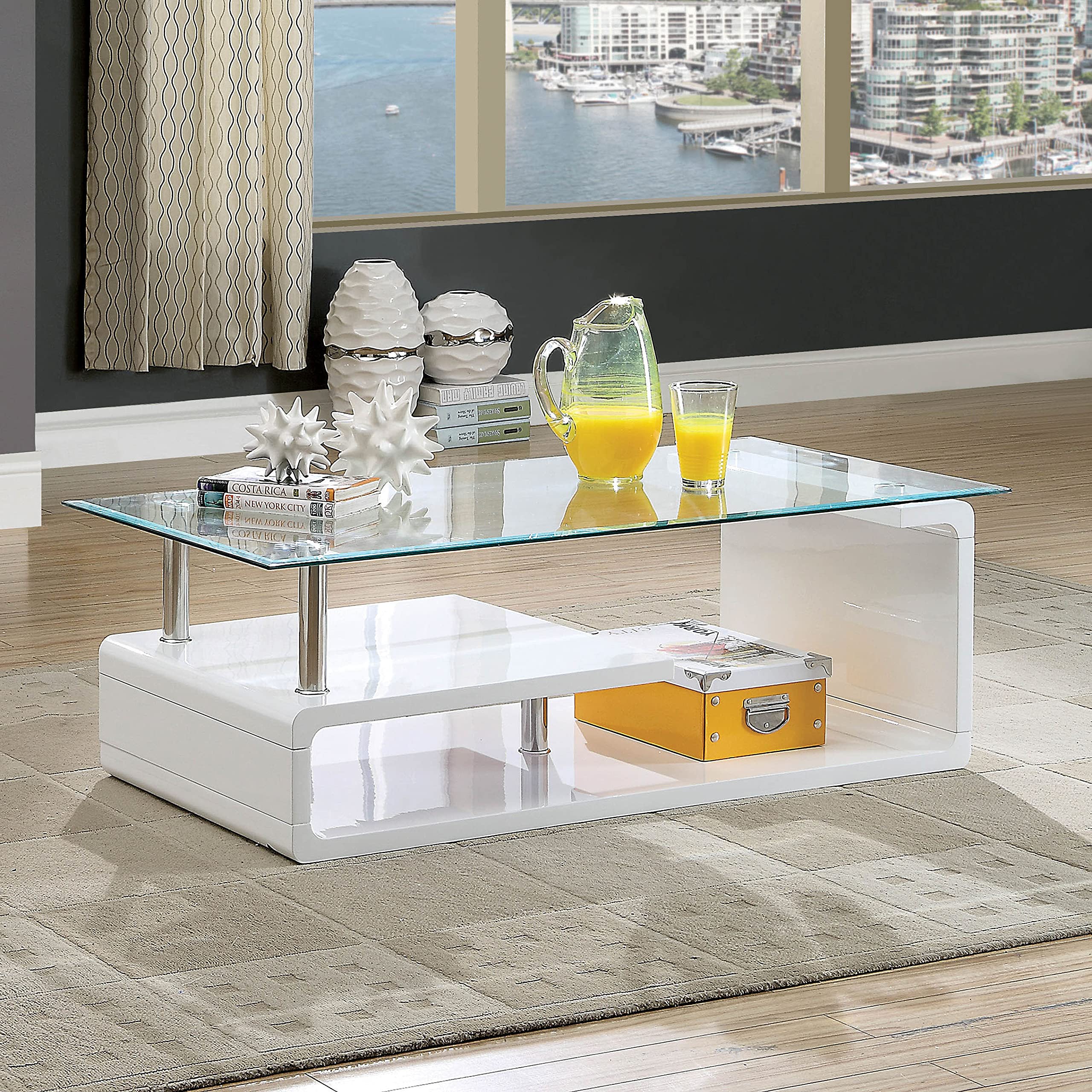 Korso Contemporary Glass Top Coffee Table - Glossy White for Living Room Decor