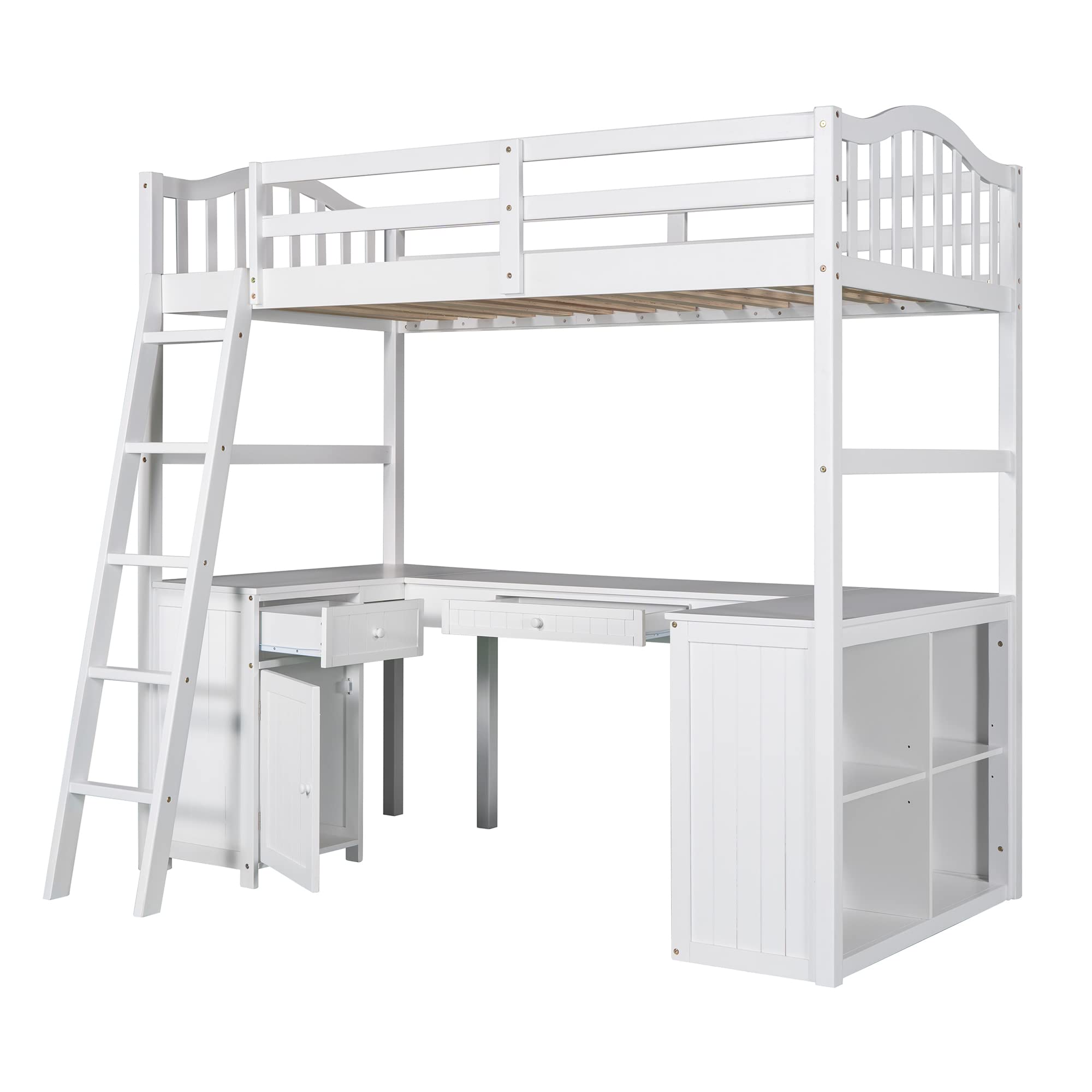 JINS&VICO White Twin Size Wood Loft Bed with Cabinet, Desk, 2 Drawers & Bookcase Shelves - Study Loft Bed Frame with Ladder & Safety Guard Rail (78.1