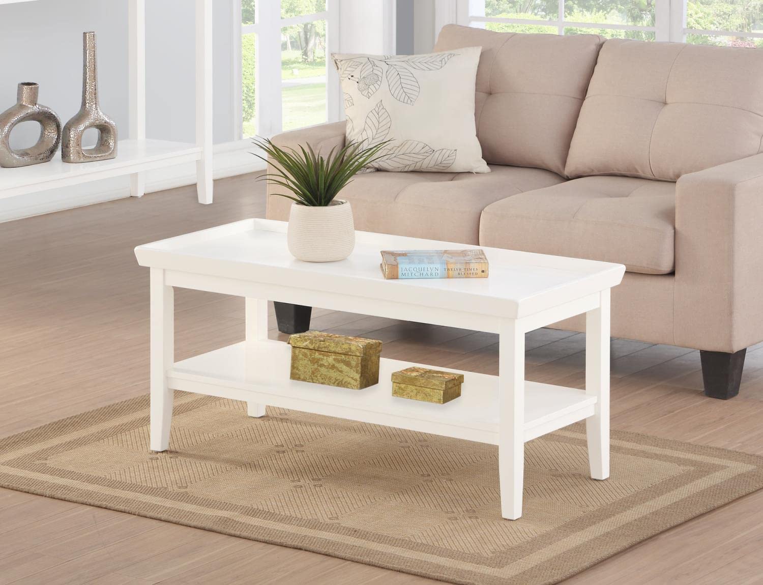 Convenience Concepts Ledgewood White Coffee Table with Storage Shelf - Perfect for Living Room, Office & Small Spaces