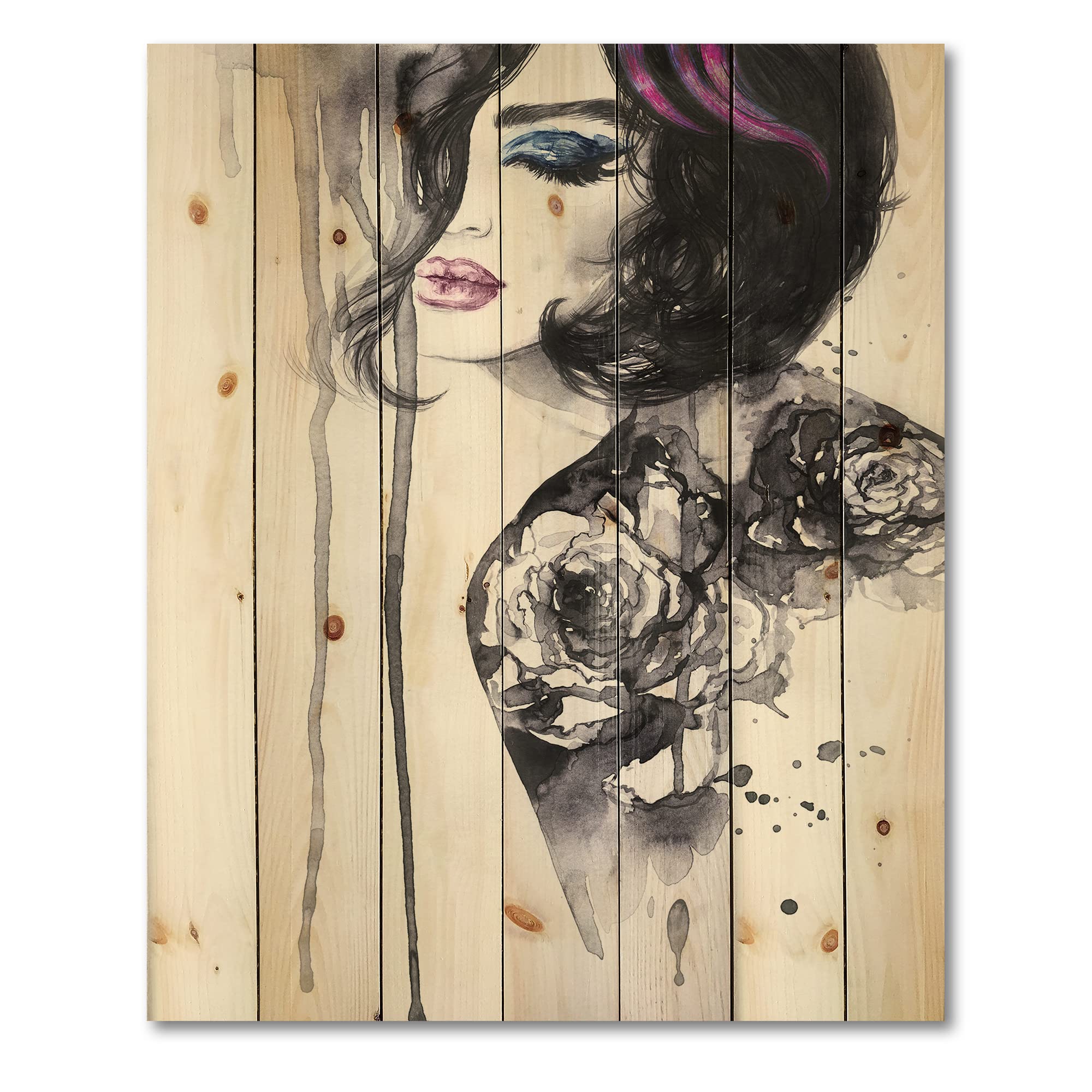 DesignQ Female Portrait Painting - Modern Art Print on Natural Pine Wood for Home & Office Wall Decor