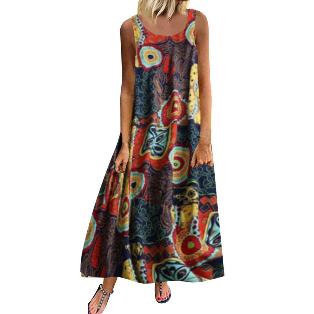 **Women's Vintage Floral Print Maxi Dress - Bohemian Plus Size Sleeveless Dress for Special Occasions, Weddings & Summer Vacations**