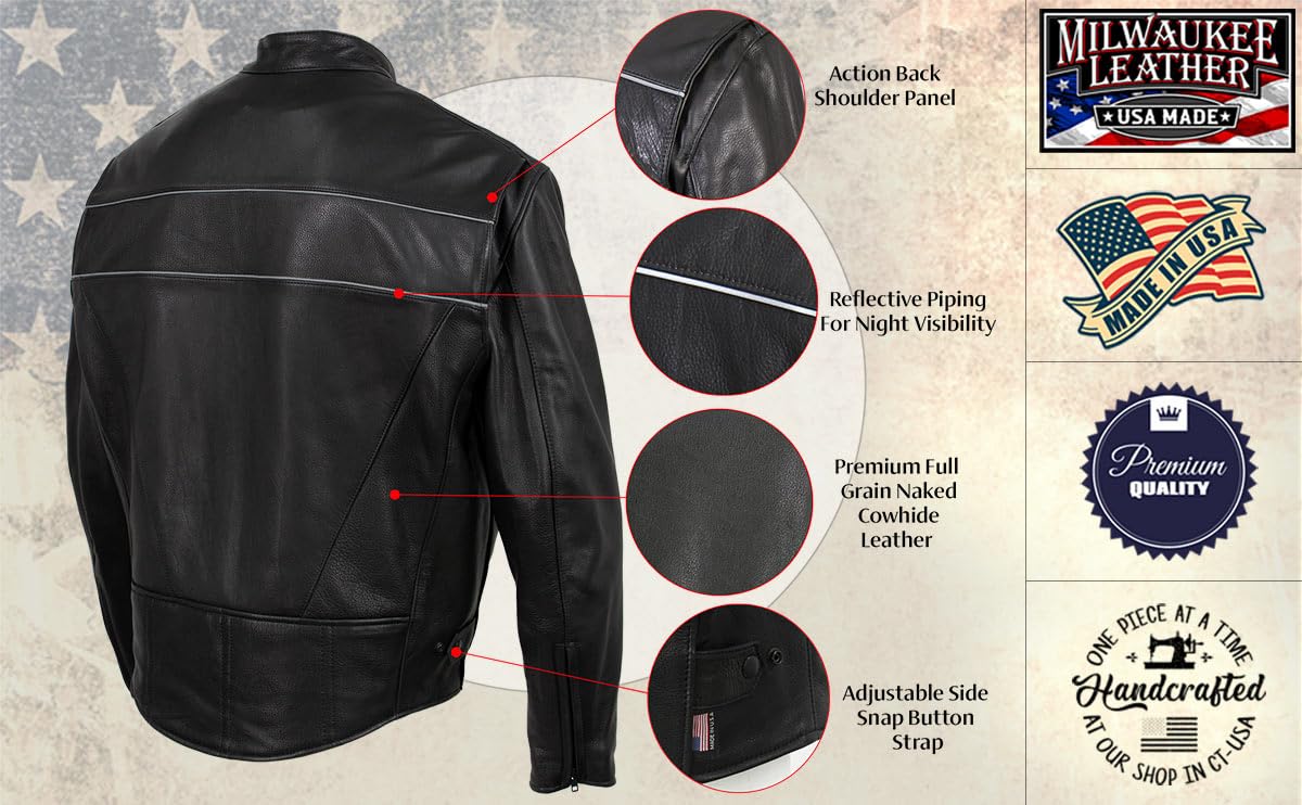 Milwaukee MLJKM5003 Men's Black Premium Leather Motorcycle Jacket - USA Made, Reflective Piping for Safety | Perfect for Cruiser Riders & Long-Distance Touring
