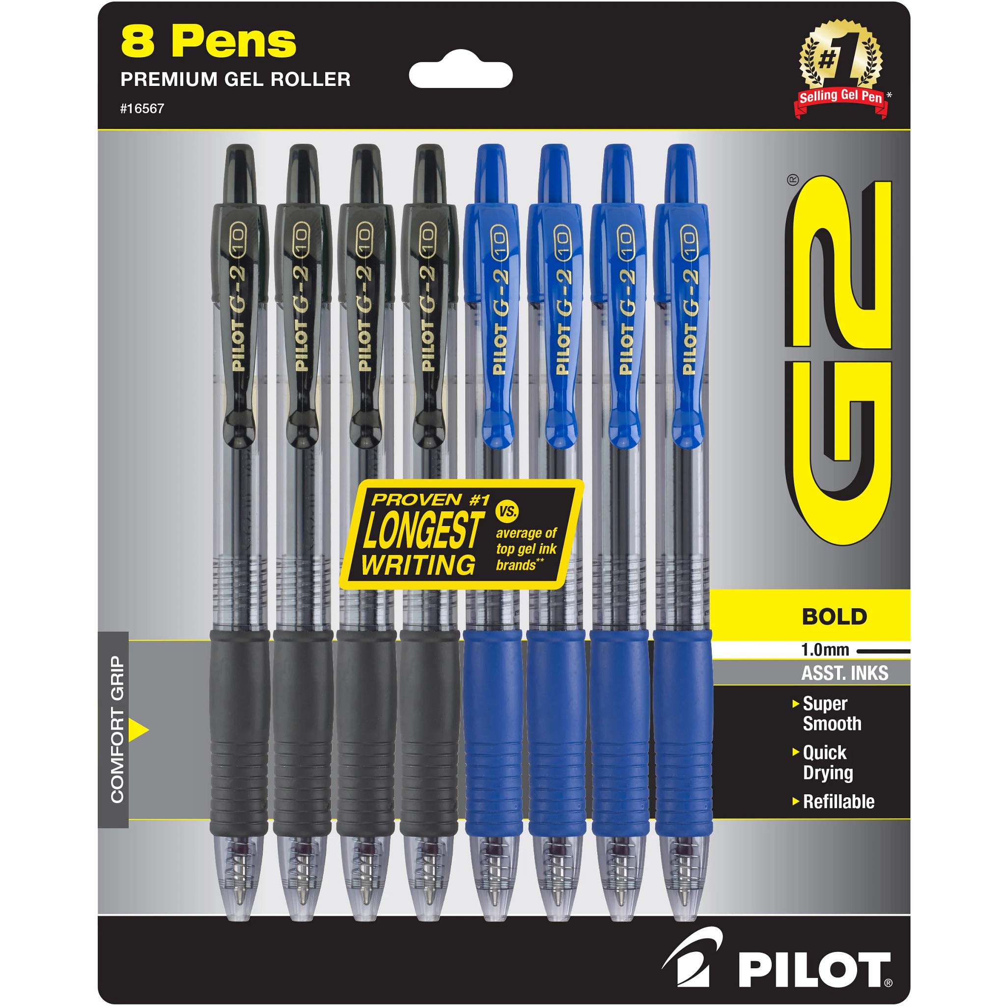 Premium G2 Gel Roller Pens by Pilot - Bold 1mm Point, 8-Pack (Black & Blue) - Perfect for Office, School, Note-Taking & Signature Writing