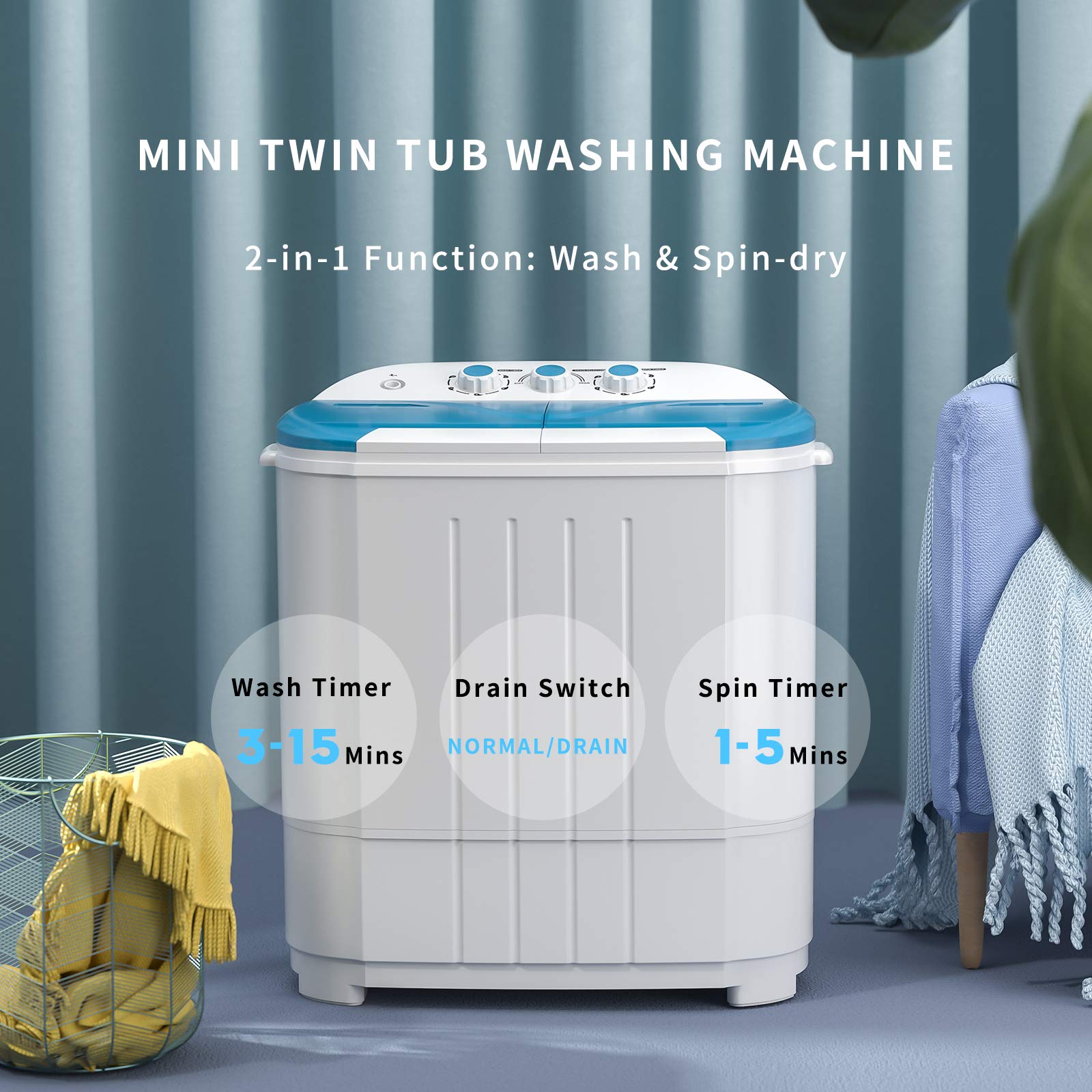 Auertech Portable Washing Machine - Mini Twin Tub Washer (9lbs Capacity) & Spinner (5lbs Capacity) | Compact Laundry Machine with Timer | Perfect for Apartments, Dorms, RVs & Camping | Space-Saving Solution for Small Homes & Travel