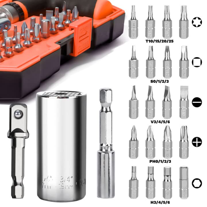 Universal Ratcheting Socket Tool Set with T-Handle Screwdriver & Power Drill Adapter - 45-Piece Mechanic Tool Kit for Men (Orange/Silver) - Perfect for DIY Home Repairs, Automotive Maintenance & Handyman Gifts