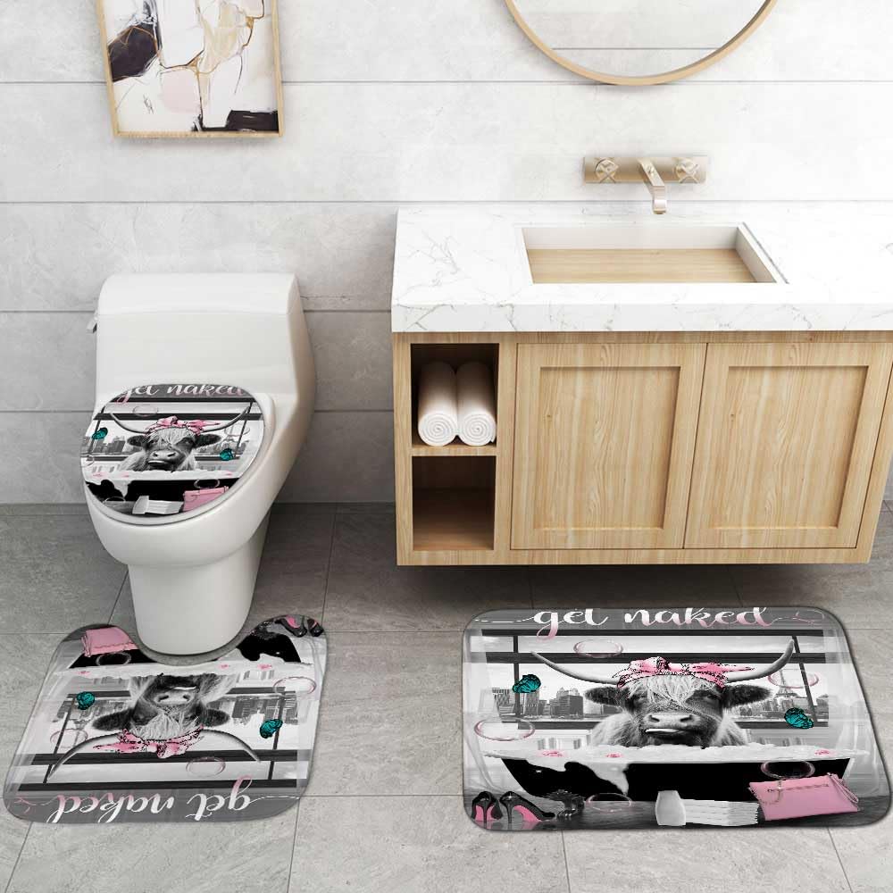 4PCS Black and White Highland Cow Shower Curtain Set with Funny Quote - Non-Slip Bath Mat & Eiffel Tower Decor | Modern Bathroom Accessories for Farmhouse, Glam, or Parisian Style Homes