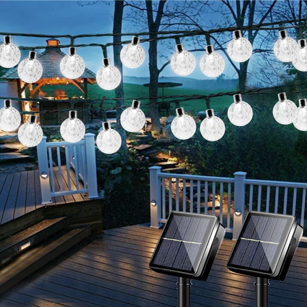 200 LED Solar String Lights Outdoor Waterproof - 2 Pack (56Ft Each) Crystal Globe Fairy Lights with 8 Modes - Cool White Decorative Lighting for Garden, Yard, Party, Christmas & Wedding Decorations