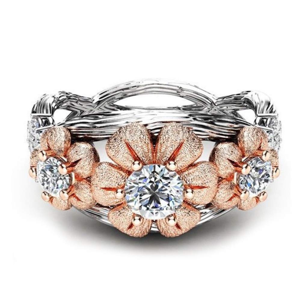 Rose Gold Floral Ring for Women - 925 Silver Plated Cubic Zirconia Flower Engagement Ring, Wedding Band, Bridal Jewelry - Perfect for Valentine's Day, Anniversary, Proposal and Everyday Elegant Wear