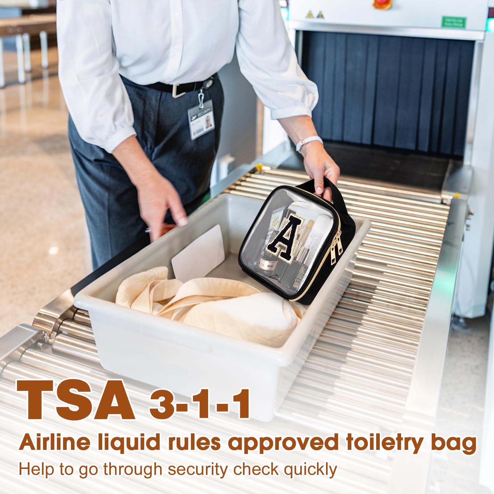 TSA Approved Clear Toiletry Bag for Travel - PVC Transparent Makeup Cosmetic Bag with Handles & Chenille Letter Design, Large Opening Carry-On Airport Organizer (Letter A) - Perfect for Air Travel, Vacation Essentials & Daily Beauty Storage