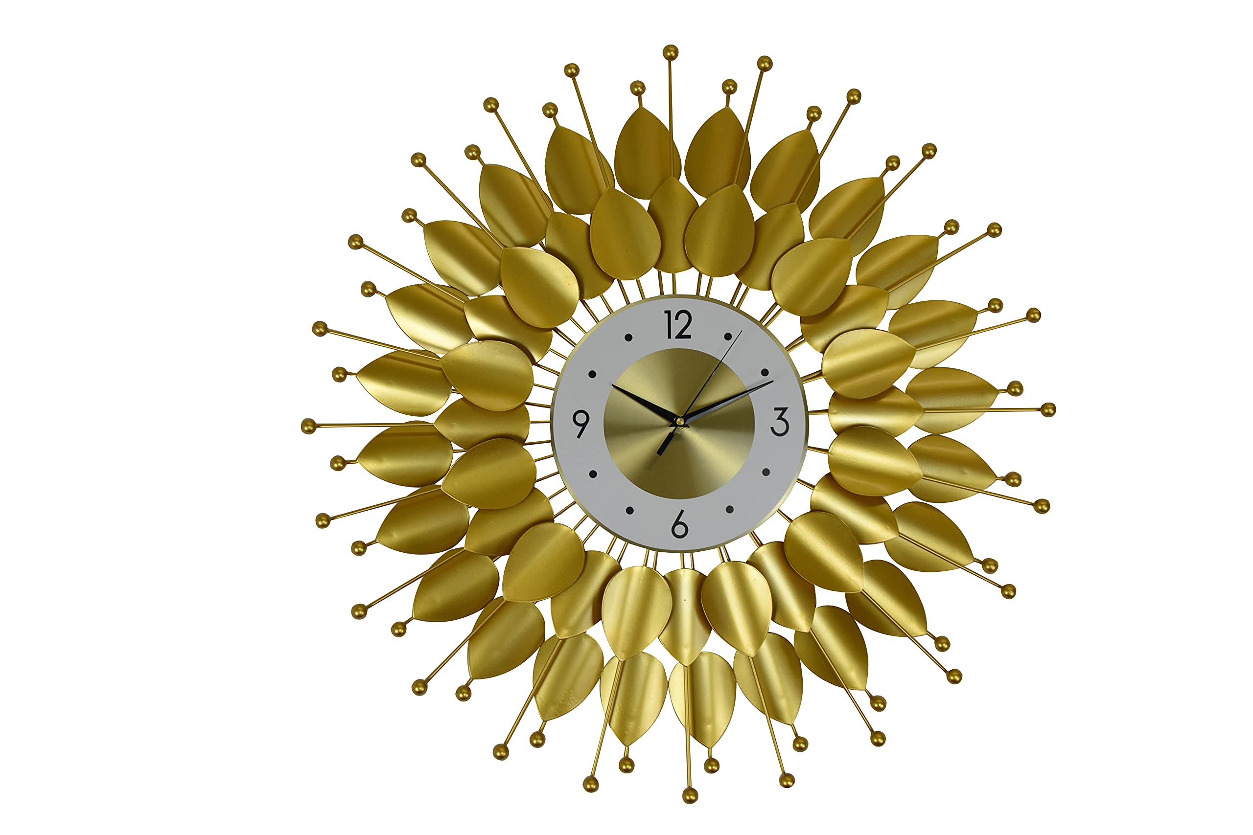 Golden Sunburst Leaf Metal Wall Clock - Elegant Home Decor for Living Room, Bedroom & Office | Vintage Style Decorative Clock