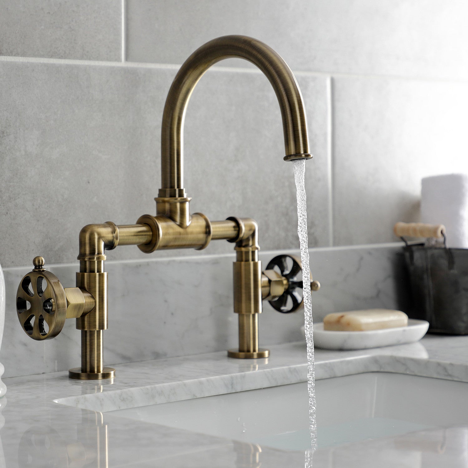 Belknap KS2173RX Two Handle 2 Hole Deck Mount Bridge Bathroom Faucet with Push Pop Up Drain in Antique Brass - Perfect for Vintage Style Bathrooms and Powder Rooms