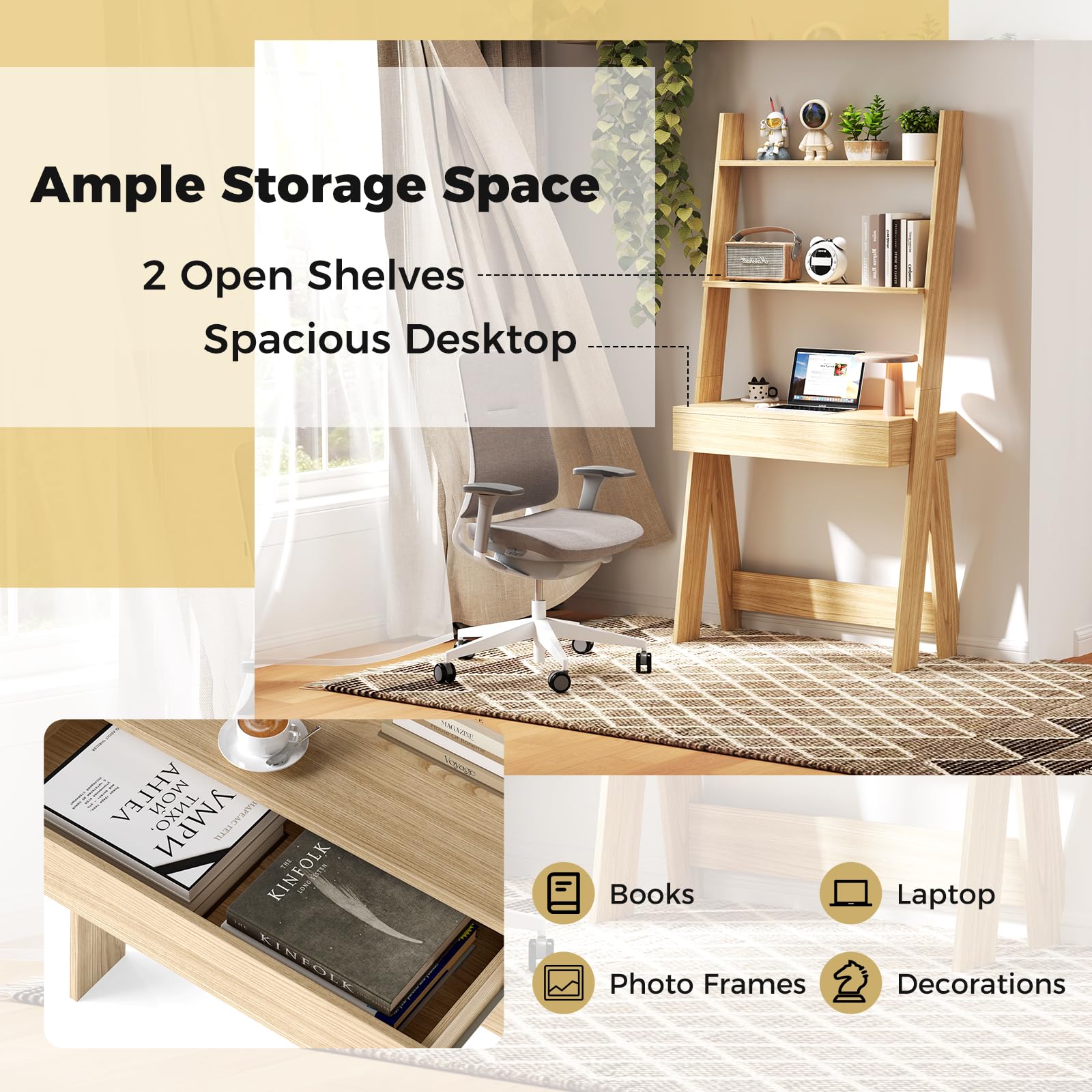 Tangkula Space-Saving Ladder Desk with Wooden Countertop & Storage Drawer - Compact Home Office Computer Table with Open Shelves & Anti-Tip Safety Kit - Wall-Leaning Workstation for Small Spaces (Natural Wood Finish) - Perfect for Dorm Rooms, Studio Apartments & Home Office Setups