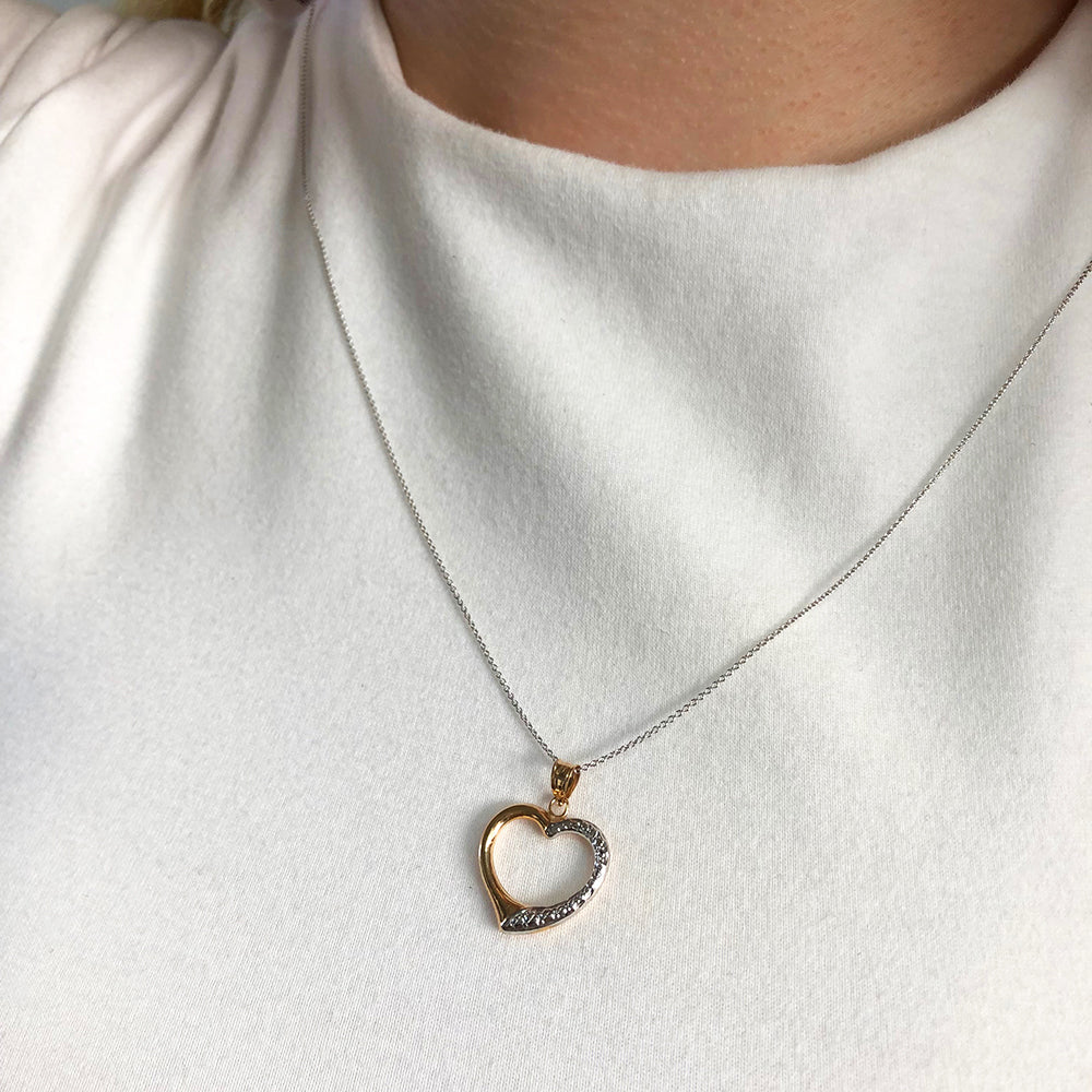 9ct Two Tone Gold Diamond Cut Open Heart Pendant Necklace - Elegant Jewelry Gift for Women, Perfect for Valentine's Day, Anniversary & Special Occasions