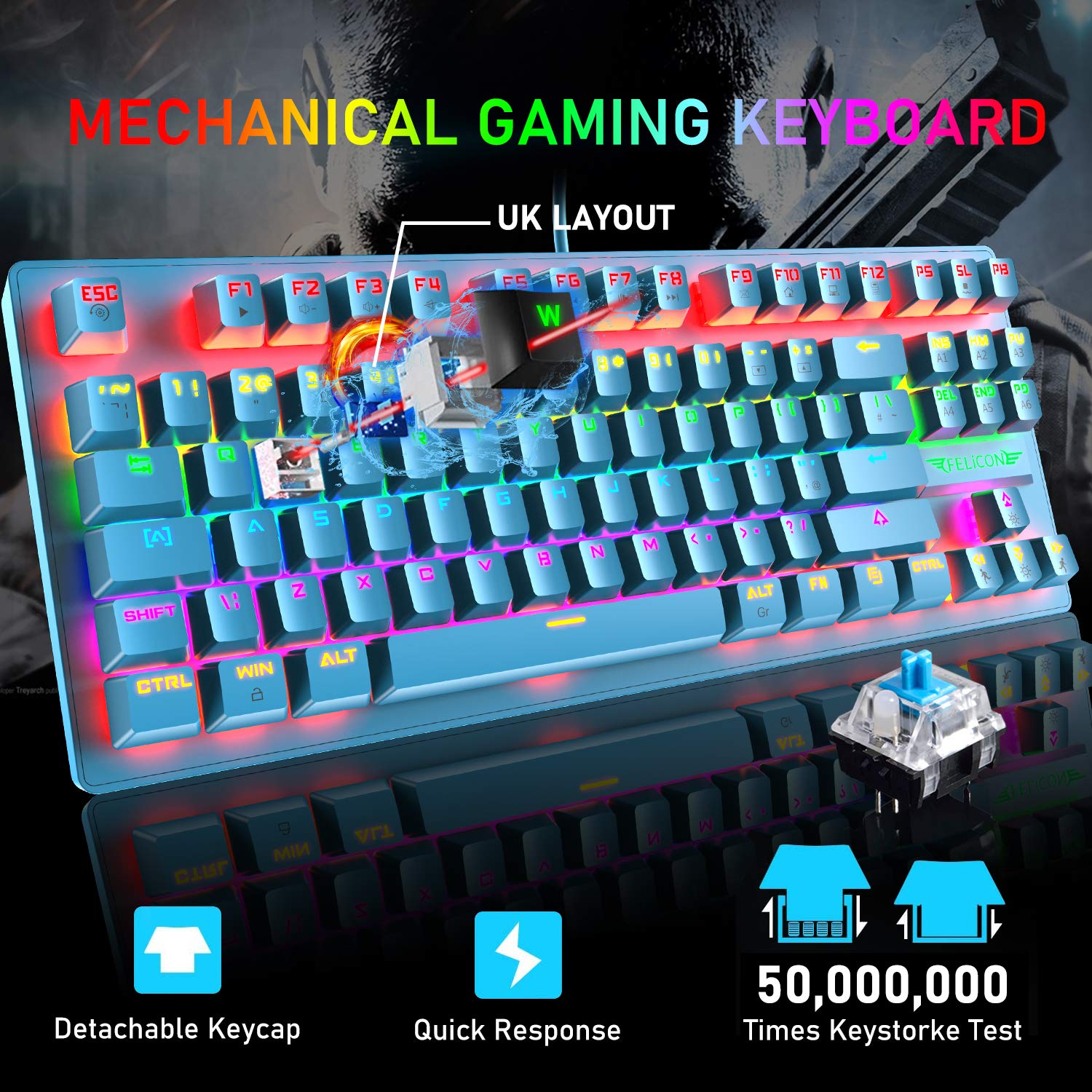 K2 UK Layout Gaming Keyboard and Mouse Set - 80% TKL Wired Mechanical Keyboard with 88 Keys, Clicky Optical Blue Switches, Rainbow Backlit, Lightweight PS4 Gaming Mouse & Mouse Pad for PC/MAC (Blue) - Perfect for Esports, Streaming & Office Work