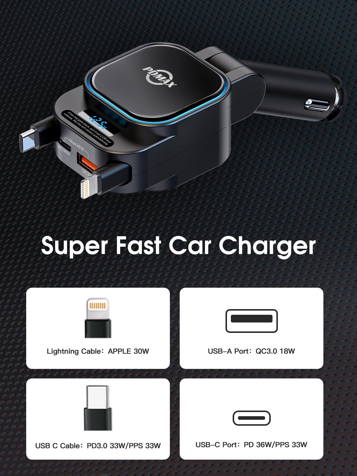 PDMAX 96W 4-in-1 Retractable Car Charger with Fast Charging - Dual USB-C & Lightning Cables + 2 USB Ports | Compatible with iPhone 16/15/14, Samsung Galaxy S24/S23/S22, Google Pixel | Perfect for Road Trips, Commuting & Multi-Device Charging