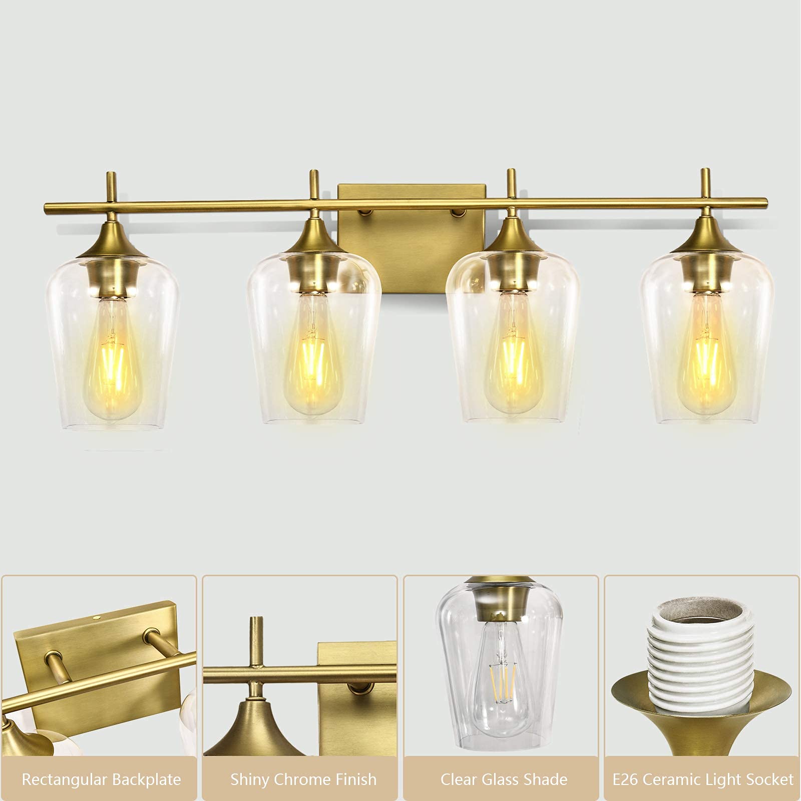 4-Light Bathroom Vanity Light Fixture - Bronze Brass Wall Sconce with Glass Shade - Over Mirror Lighting for Bathroom, Living Room, Bedroom & Dressing Area - Perfect for Modern Home Decor & Vanity Makeup Lighting