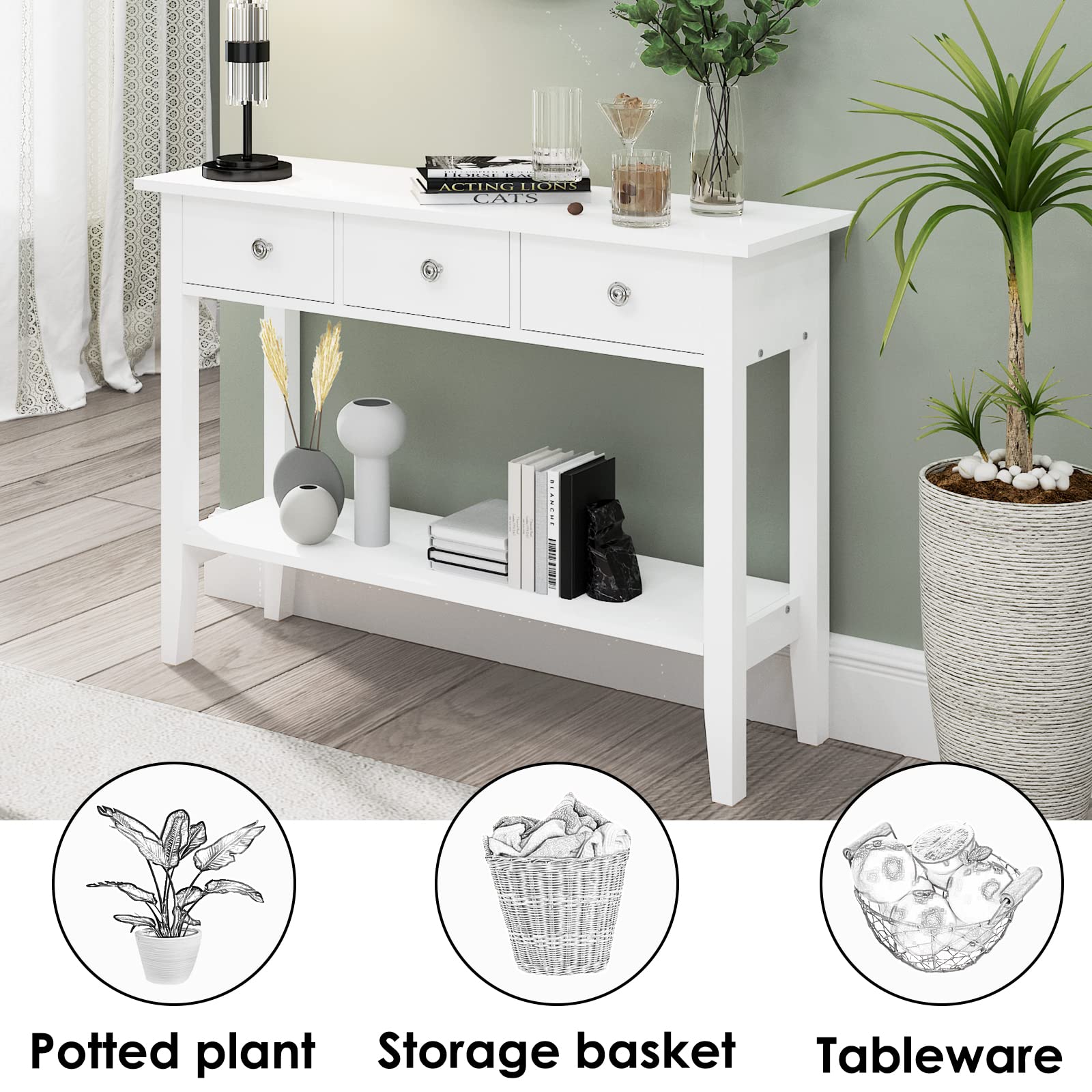Soges 3-Drawer Console Table with Storage Shelf - Entryway Sofa Table, Hallway Table, Behind Couch Table - White - Perfect for Living Room, Corridor & Small Space Organization