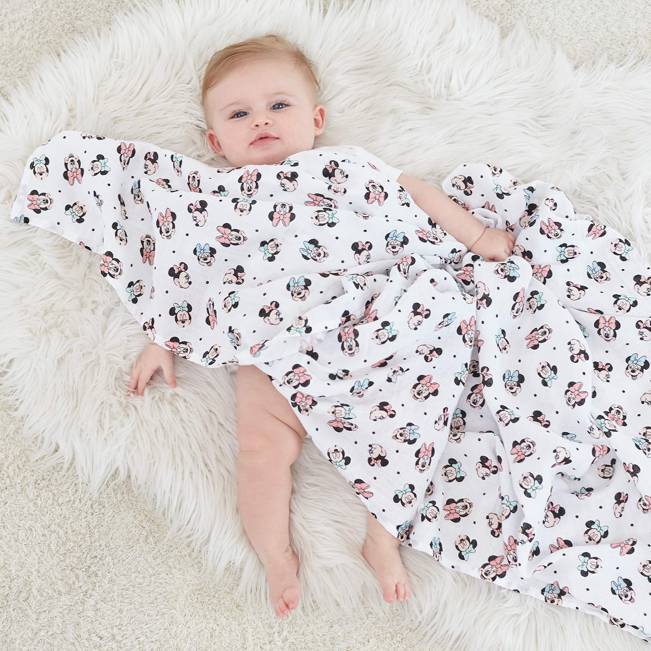 Aden + Anais Muslin Swaddle Blankets for Baby Boys & Girls - 4 Pack Soft Breathable Receiving Blankets, Newborn Swaddling Wraps, Perfect Baby Shower Gift Set with Minnie Mouse Rainbow Design - Ideal for Nursery, Travel & Photo Shoots