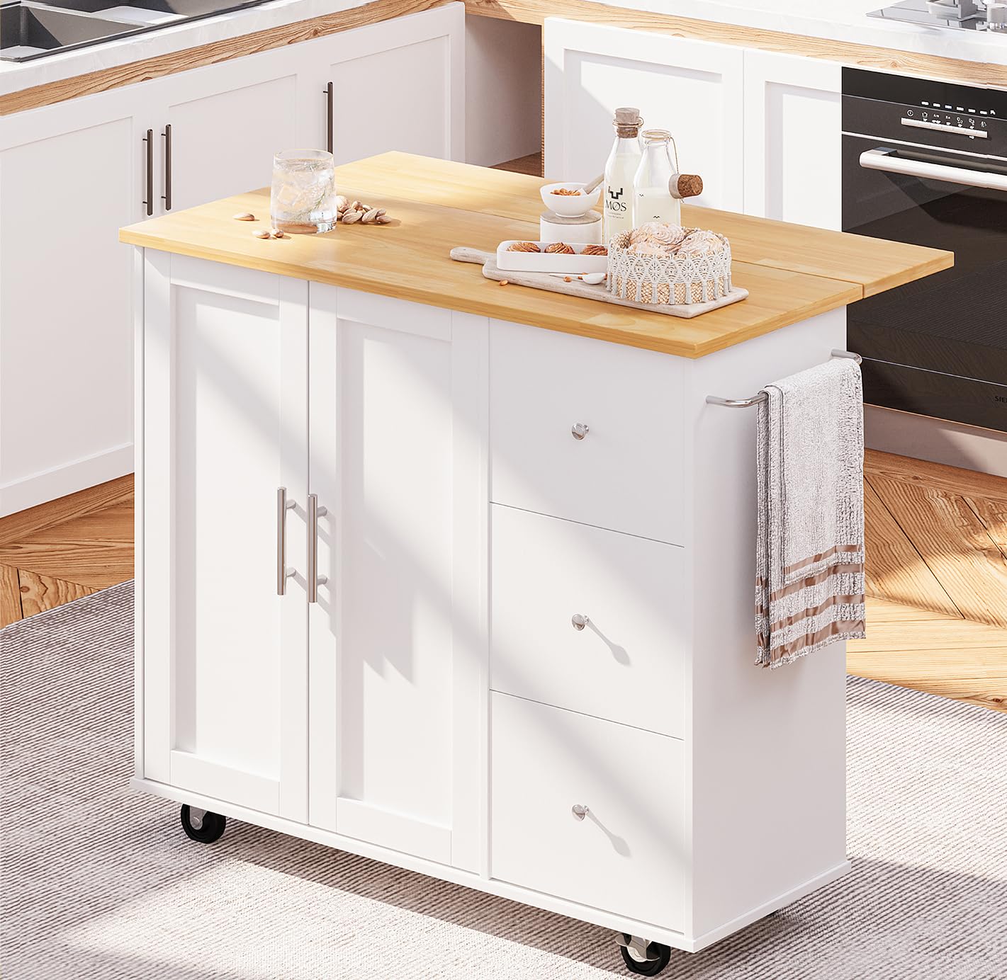 SUNLEI 39.7-Inch White Kitchen Island Cart on Wheels with Storage Cabinet & Foldable Drop Leaf - Portable Rolling Kitchen Table with Towel Handle - Perfect for Small Kitchens, Apartments & Dining Room Prep