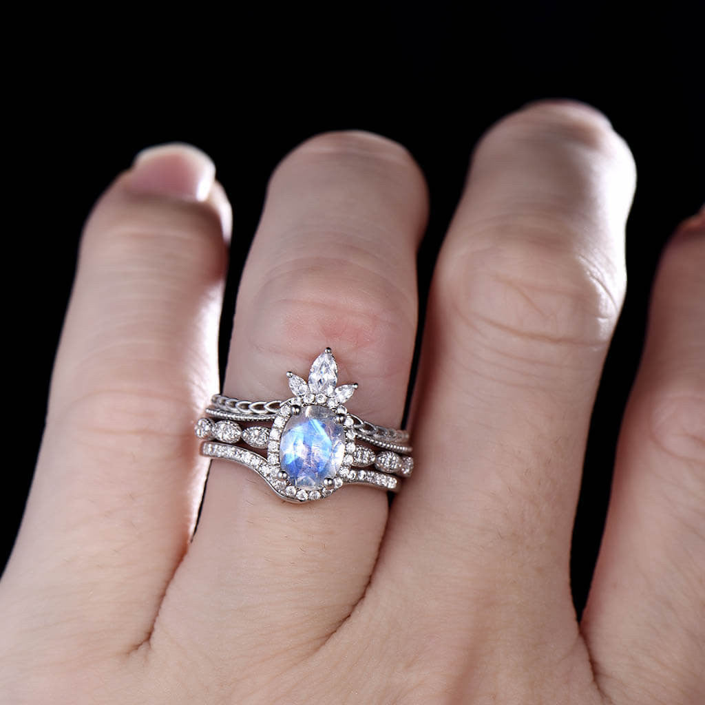 3-Piece Oval Moonstone Halo Diamond Engagement Ring Set for Women - Wedding, Proposal, Anniversary Gift - Elegant Bridal Jewelry Set for Special Occasions