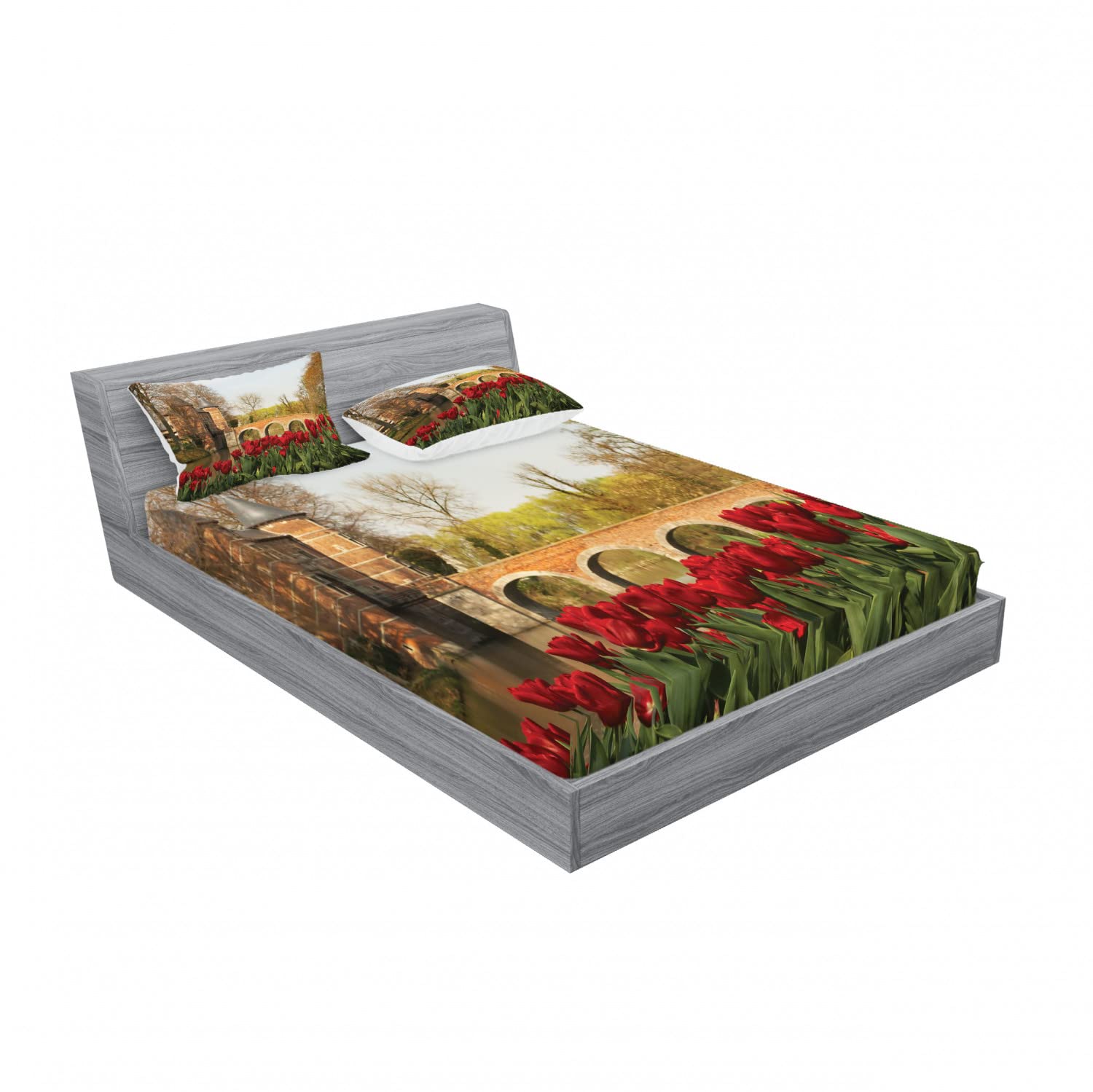 Lunarable 2-Pack Queen Size Fitted Sheet & Pillow Sham Set - Floral Tulip and Historic Bridge Design, 4-Piece Bedding Set (2 Fitted Sheets + 4 Pillow Covers) in Red & Green | Perfect for Guest Rooms, Vacation Homes and Spring Bedroom Decor