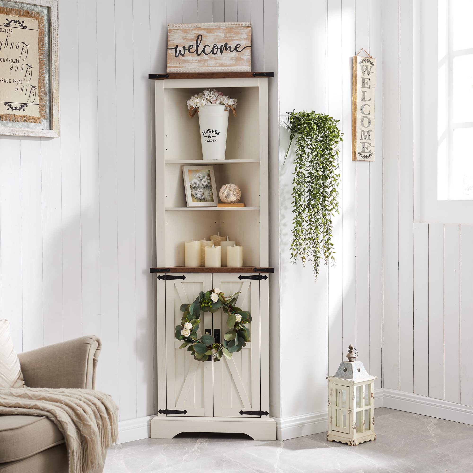 OKD Tall Corner Cabinet - Rustic Oak & Antique White Farmhouse Storage Cabinet with Barn Door Design, Adjustable Shelves for Bathroom, Living Room, Kitchen | Space Saving Corner Storage Solution for Small Homes & Apartments