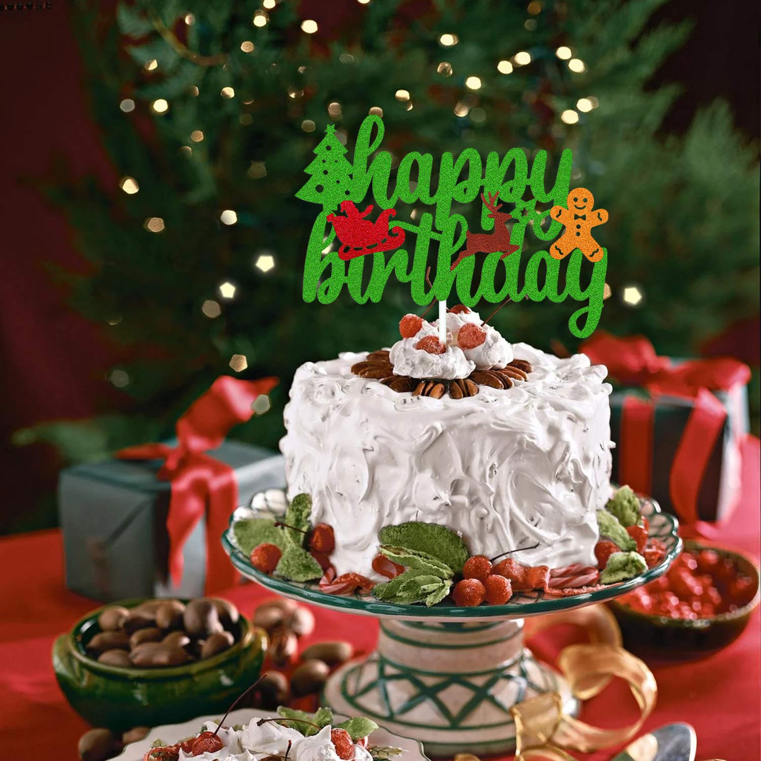 Christmas Birthday Cake Topper - Happy Birthday Sign with Green Glitter for Xmas Tree, Santa, Winter Snowflake & Snowman Themed Party Decorations | Perfect for Holiday Celebrations, Christmas Parties & Festive Dessert Displays