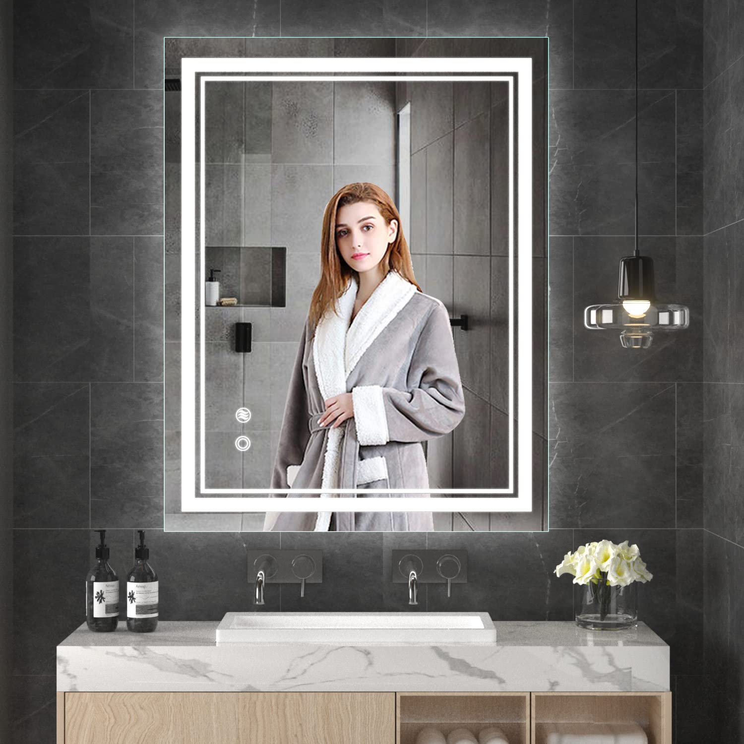 36x28 Inch LED Bathroom Mirror with Dimmable Lights - Anti-Fog Wall Mounted Vanity Mirror with Smart Touch Switch (Horizontal/Vertical) - Perfect for Makeup, Shaving & Home Decor