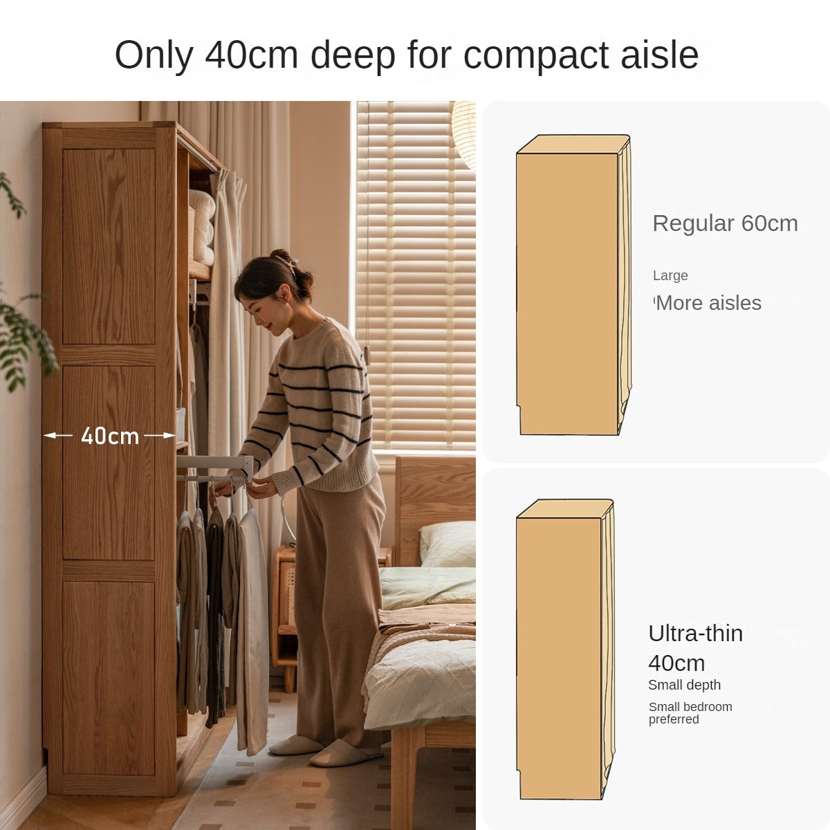 Solid Oak Wood Wardrobe with Thin Fabric Curtain - Stylish Closet Organizer for Bedroom, Living Room & Dorm Storage
