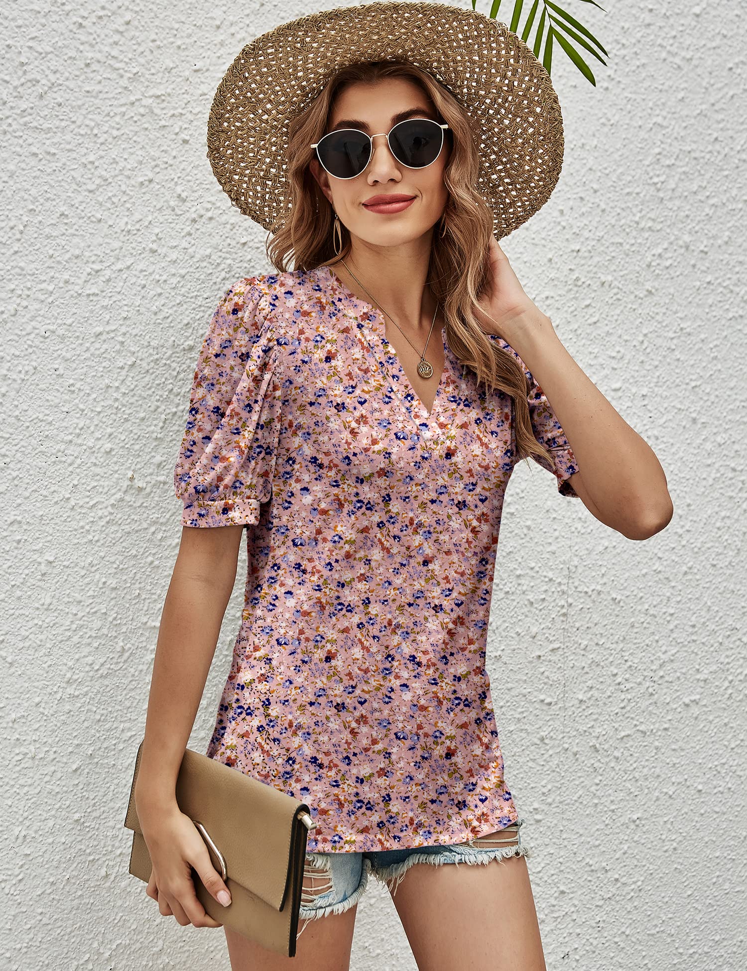 Romanstii Women's Casual V-Neck T-Shirt - Loose Fit Puff Short Sleeve Tunic Top Blouse for Summer | Comfortable Everyday Wear, Outfits with Jeans or Skirts