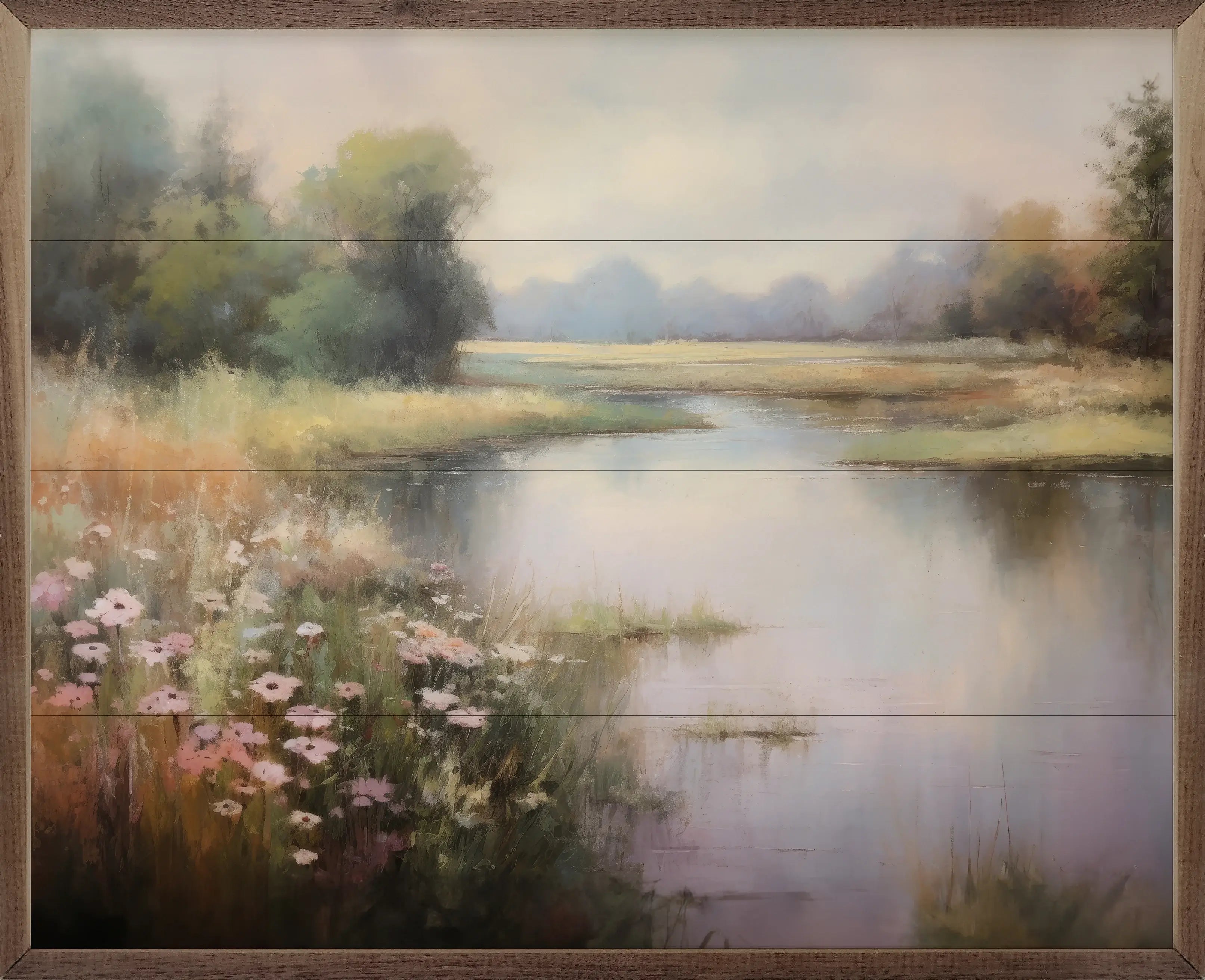 Flower Lined Lake Wood Framed Print - Nature Wall Art for Living Room, Bedroom & Office Decor - Handmade Wooden Picture Frame with Floral Landscape Painting