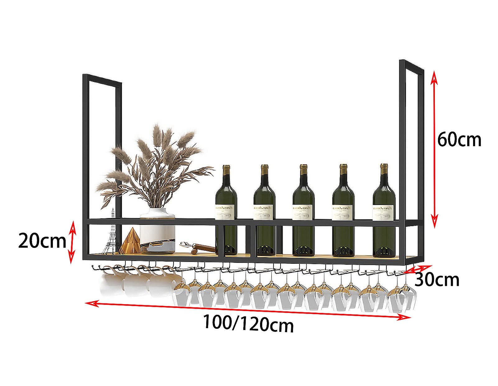 Black Metal Ceiling Mount Wine Rack with Stemware Glass Shelf - Space-Saving Hanging Bottle Storage for Kitchen, Bar, Restaurant & Home Decor - Perfect for Under Cabinet Installation & Wine Display