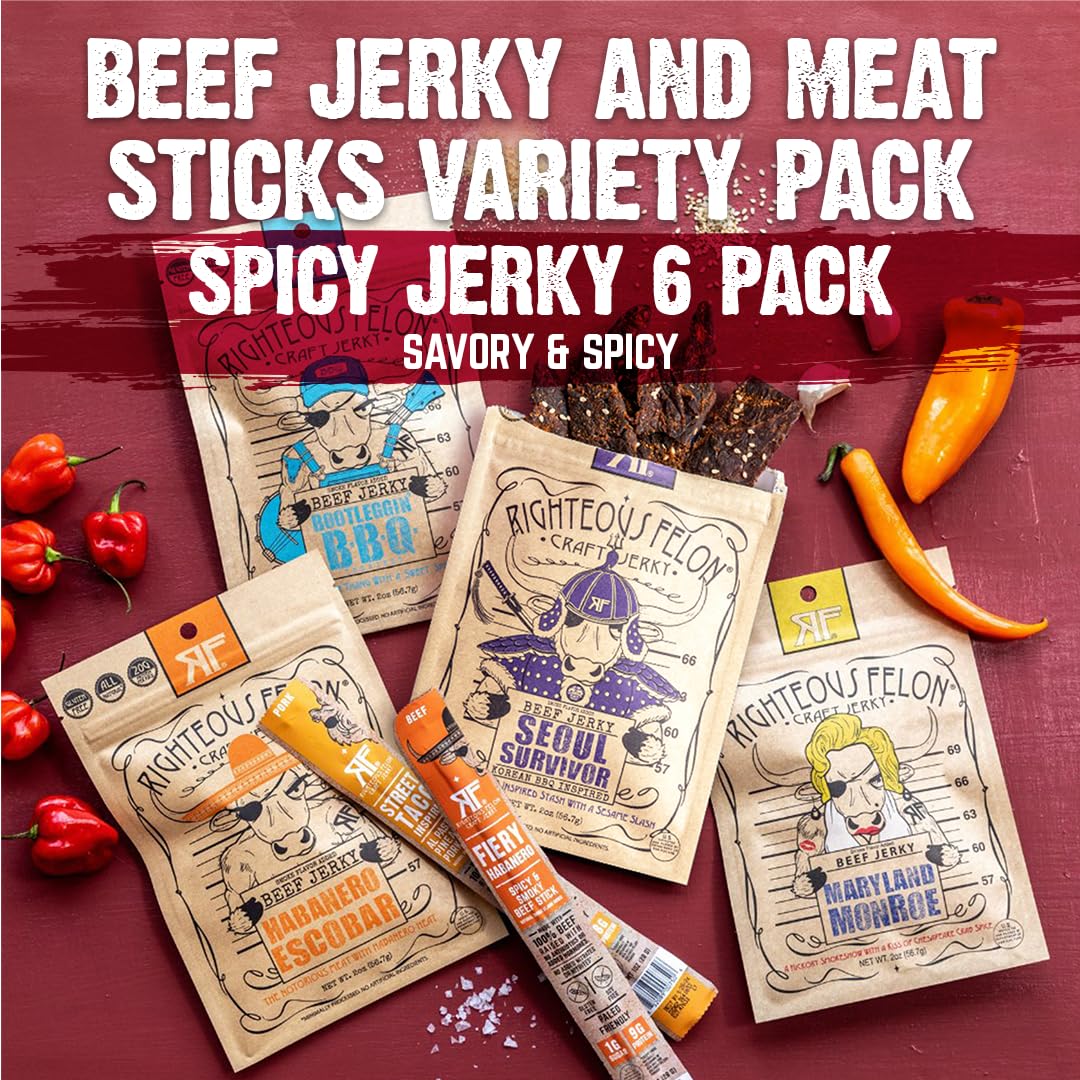 Premium Beef Jerky & Meat Sticks Variety Pack - Gluten Free, High Protein, Keto & Low Sugar Snacks | Made with 100% Grass-Fed Beef | Perfect for Men's Gifts, Camping, Hiking & Road Trips | Spicy Jerky 6 Pack
