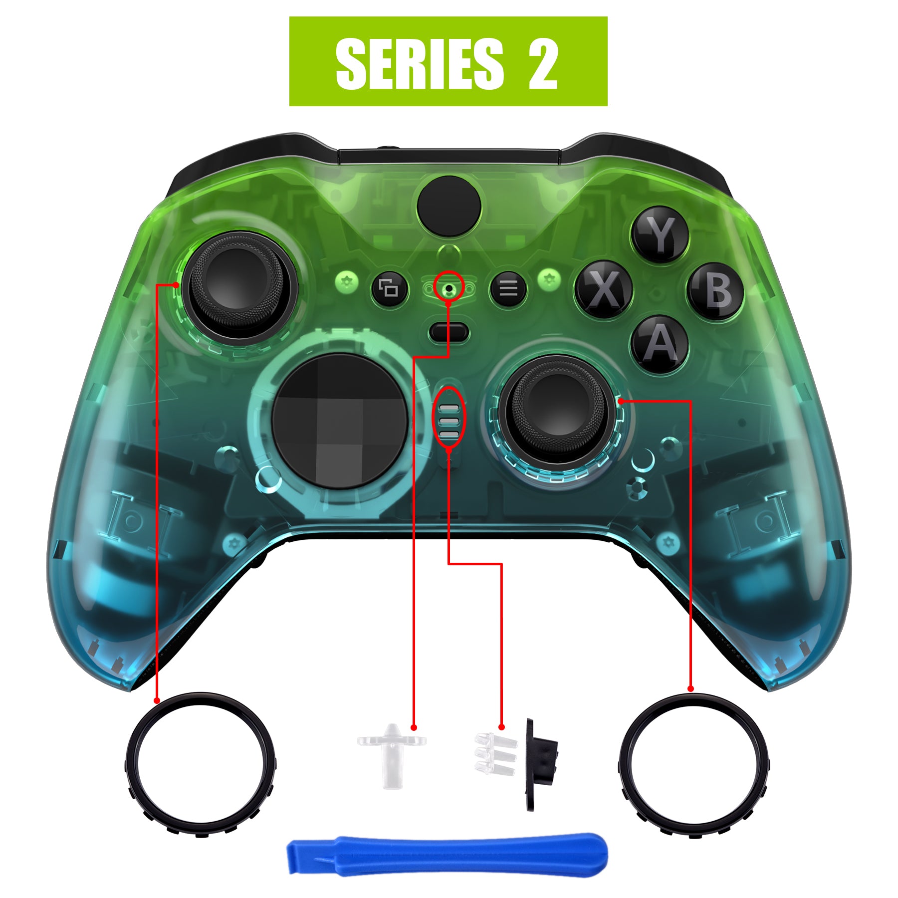 eXtremeRate Gradient Translucent Green Blue Glossy Replacement Front Housing Shell Case with Accent Rings for Xbox One Elite Series 2 & Elite 2 Core Controller (Model 1797) - Perfect for Gaming Enthusiasts & Custom Controller Builders