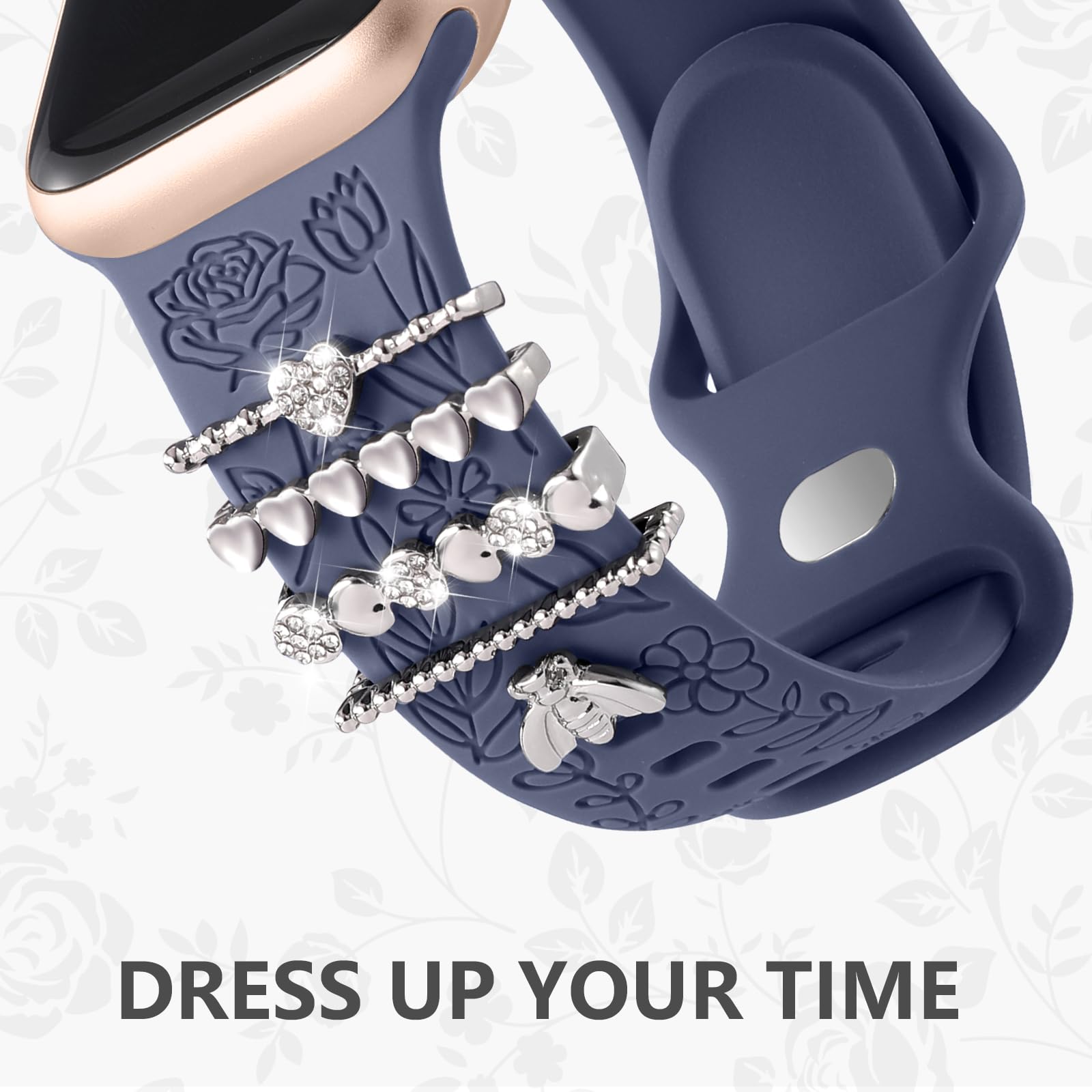 DaQin Floral Engraved Silicone Band Compatible with Apple Watch Series 9/8/7/6/5/4/3/2/1/SE - 38mm 40mm 41mm 42mm 44mm 45mm Women's Fashion Watch Strap with Decorative Charms - Perfect for Workouts, Office Wear & Everyday Style
