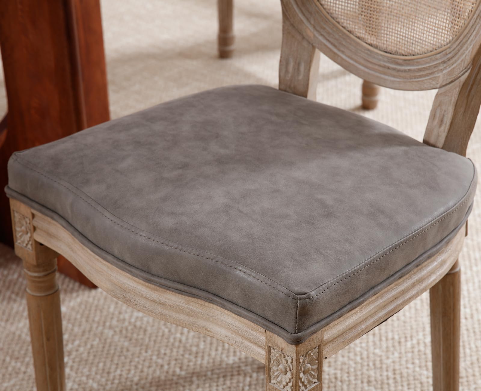 Farmhouse Rattan Dining Chairs Set of 2 - French Country Style Leather Upholstered Round Back Side Chairs for Kitchen, Restaurant, Dining Room & Living Room - Grey (2 Pieces) | Perfect for Rustic Home Decor, Indoor Dining & Cozy Gatherings