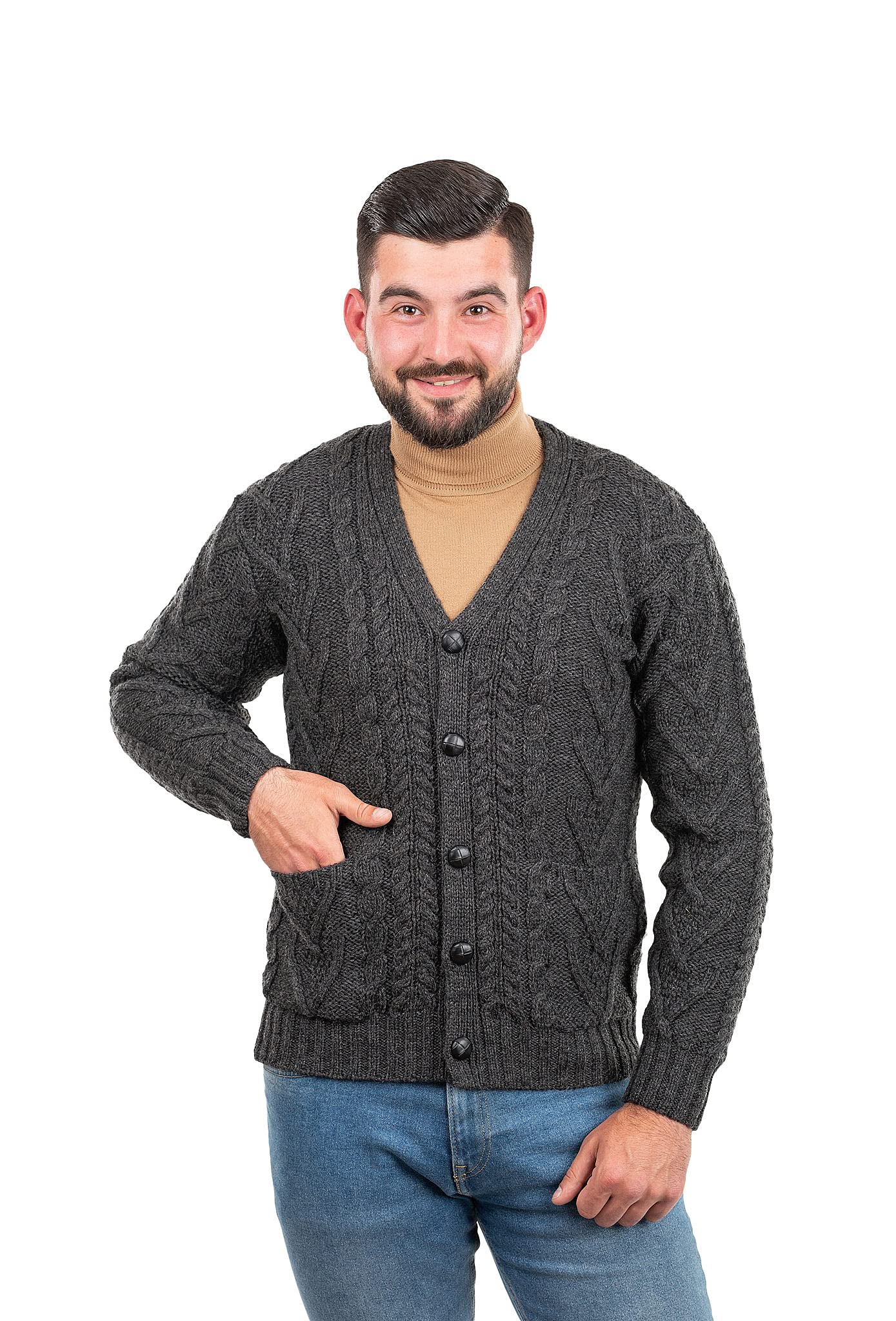 SAOL 100% Merino Wool Men's Aran Cable Knit V-Neck Cardigan Sweater - Irish Style Button-Up Casual Pullover with Pockets - Perfect for Fall, Winter & Office Wear