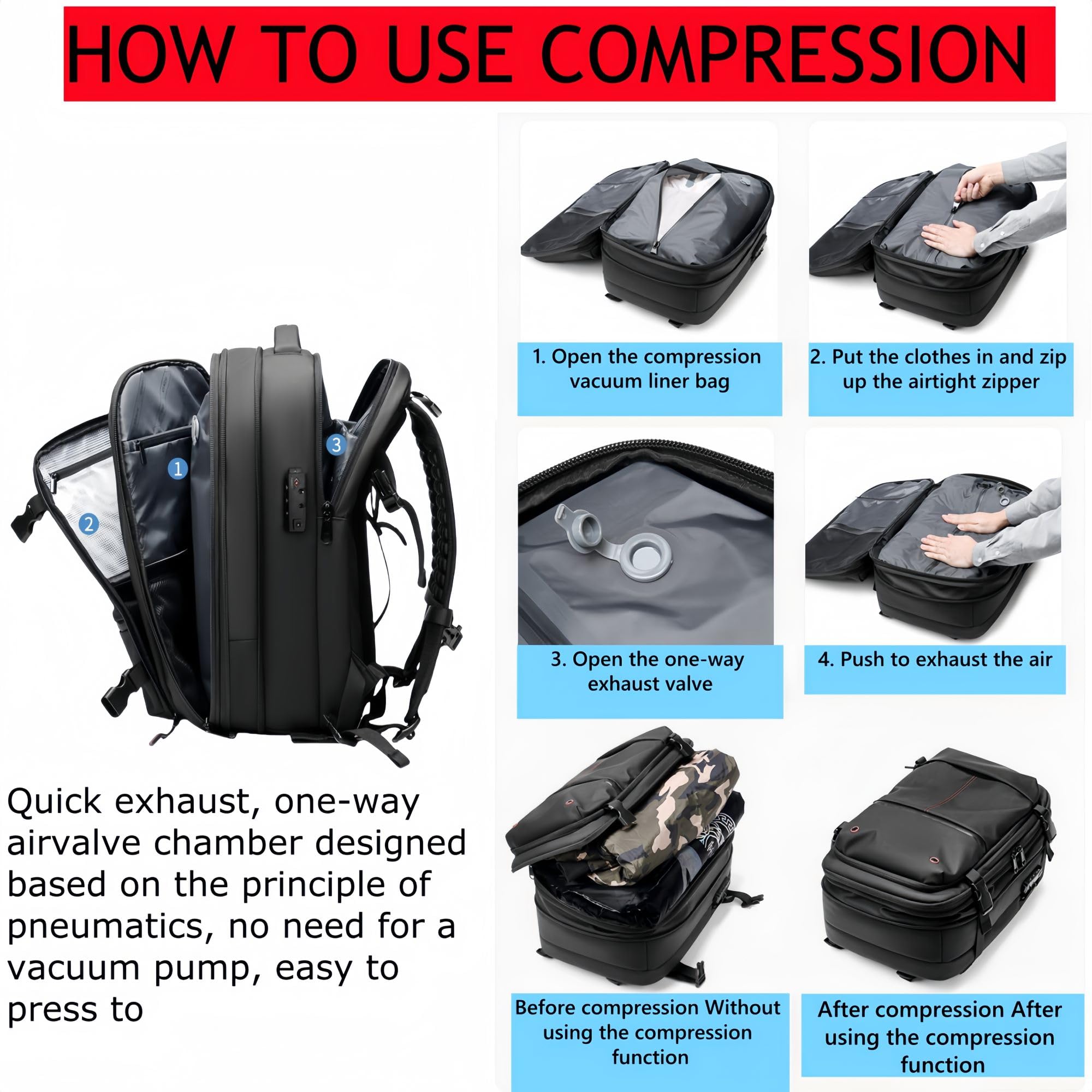 **Alepeak 60L Expandable Vacuum Compression Backpack - Large Capacity Anti-Theft Travel Backpack for Hiking, Camping & Air Travel (Black)**