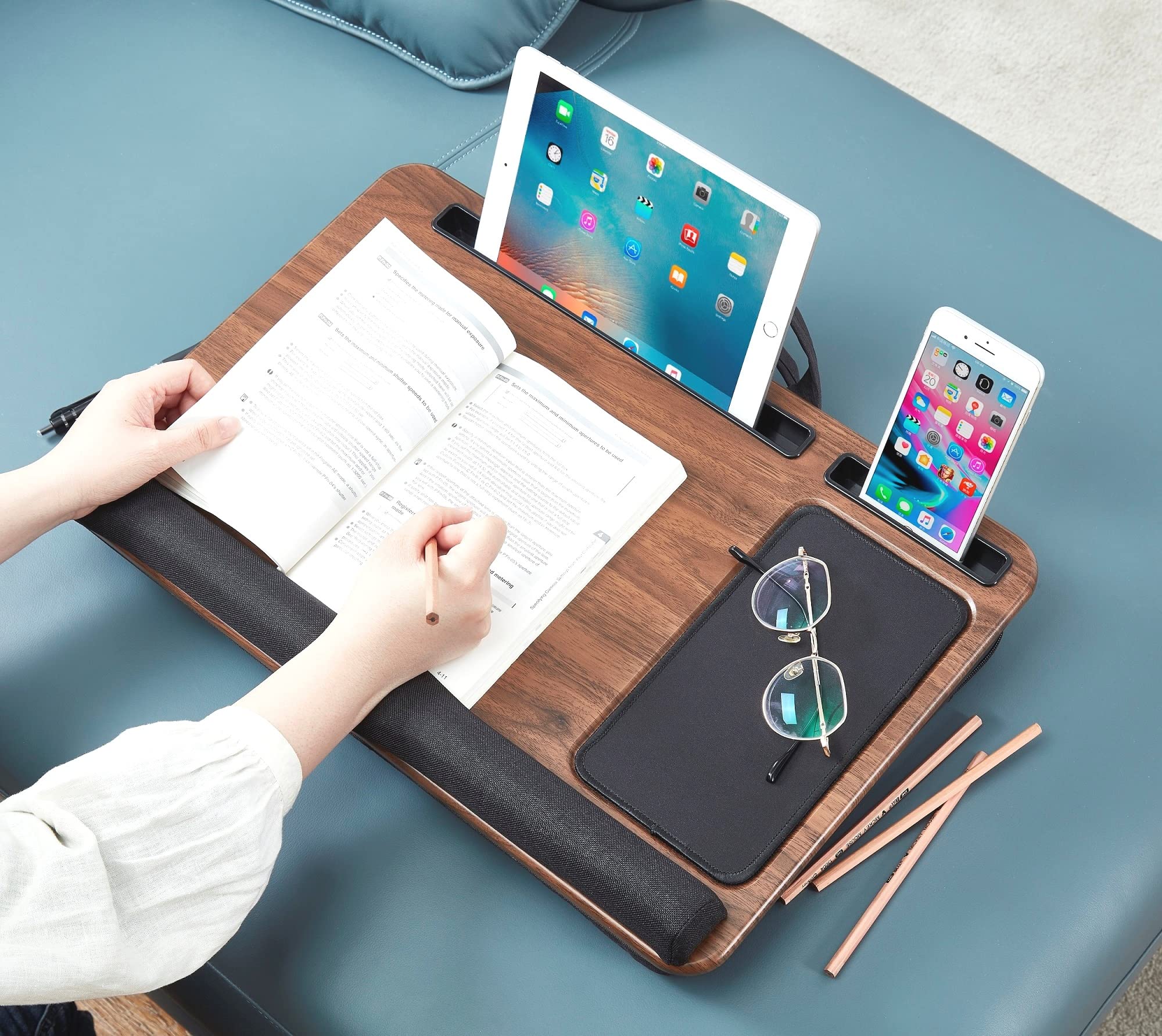 Ergonomic Laptop Lap Desk with Storage Bag - Fits 17.3 Inch Laptops, Portable Home Office & Bed Desk with Cushion Support - Wooden Laptop Stand with Wrist Rest for Comfortable Work on Sofa, Bed or Floor