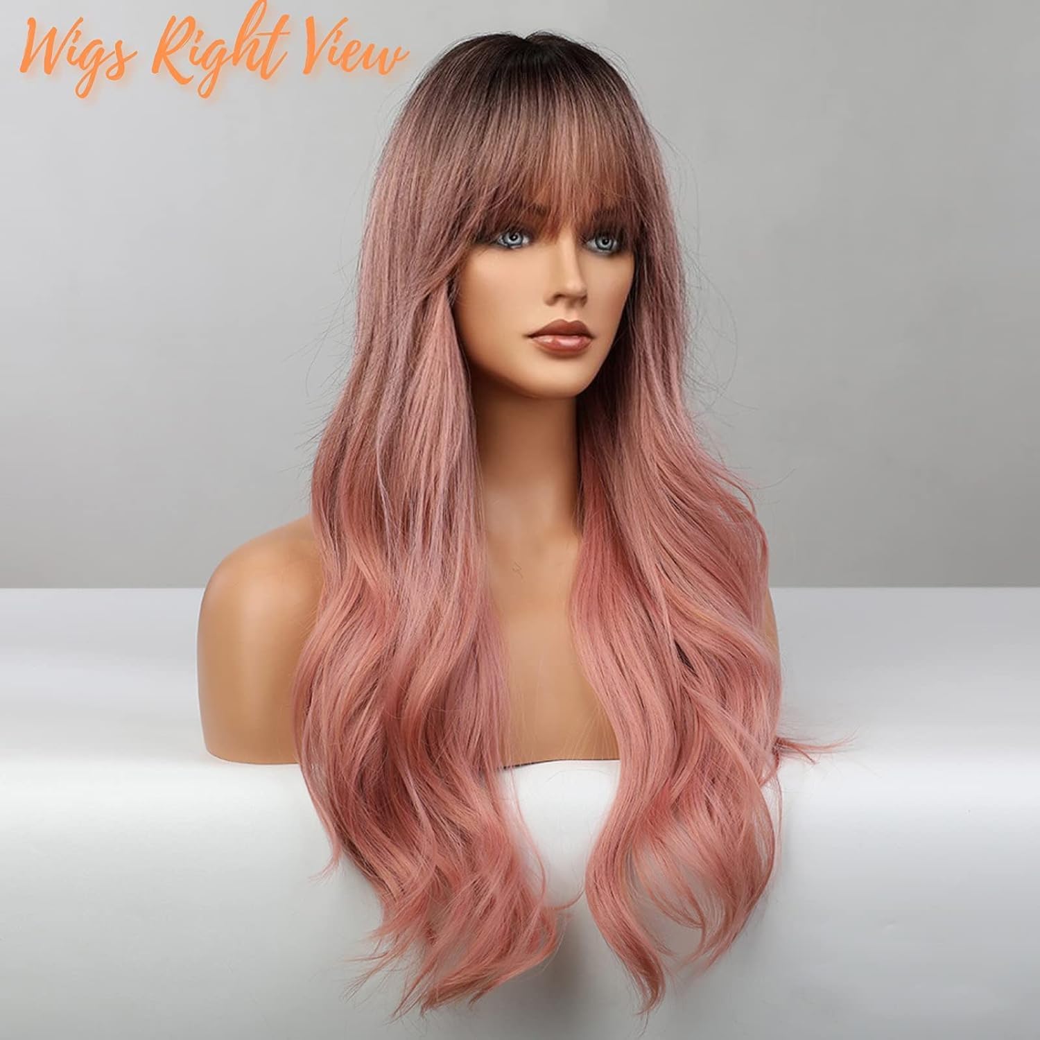 Honygebia Pink Wigs with Bangs - Long Ombre Synthetic Wigs for Women, Heat Resistant Light Wavy Pink Hair with Dark Roots - Natural Looking Cosplay Wig for Halloween, Christmas, Parties & Costume Events | Great for Cosplay, Themed Parties, Costume Contests & Photo Shoots