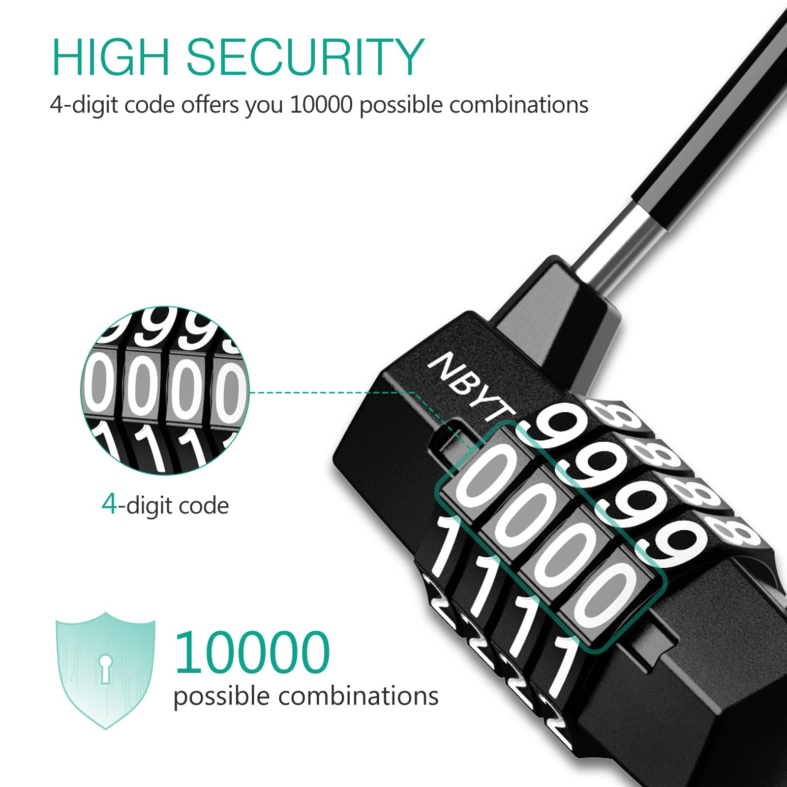ORIA 4 Digit Combination Lock with Steel Cable - Long Shackle Padlock, Resettable & Durable Handheld Lock for Gym Locker, Cabinet, Travel Bag, Luggage, School, Toolbox - Secure Your Valuables at Home, Gym & On The Go