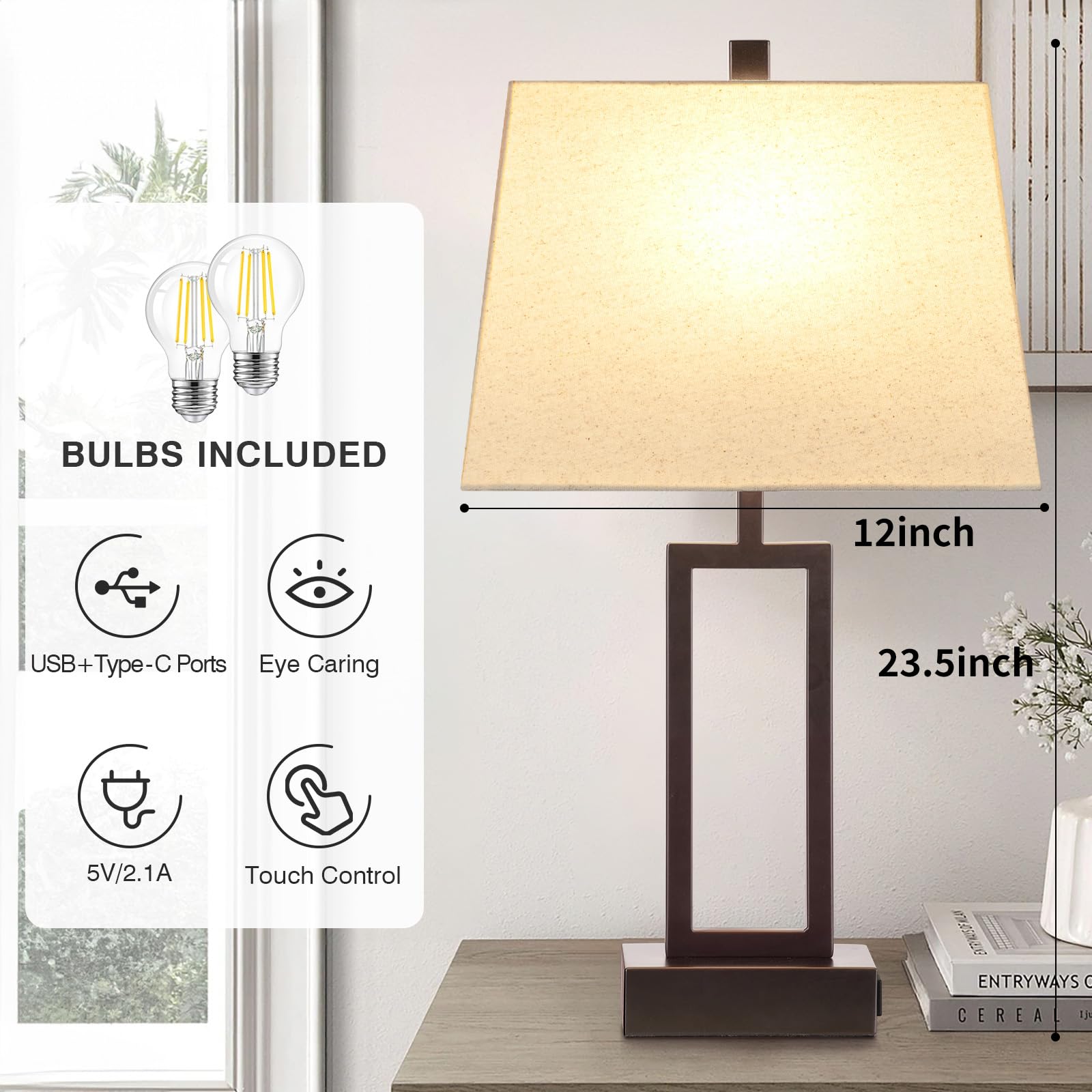 Modern Touch Control Table Lamps Set of 2 - Brown USB A+C Charging Bedside Lamps with AC Outlet & 3-Way Dimmable LED Lighting - Perfect for Bedroom Nightstands & Living Room End Tables (LED Bulbs Included) | Ideal for Reading, Working & Creating Cozy Ambiance