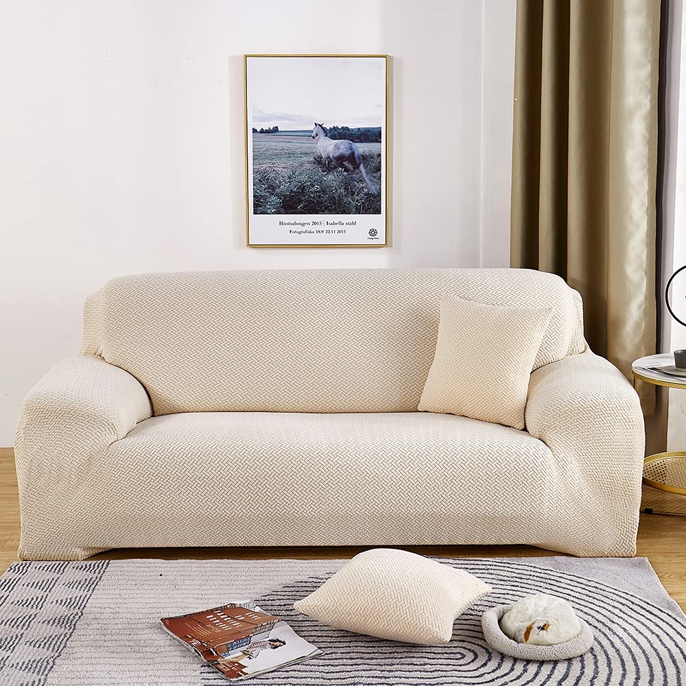 Stretch Sofa Cover Elastic Slipcover - Universal Fit for 4 Seater Couch, Loveseat & Chair - Printed Pattern Fabric Furniture Protector (Beige) - Perfect for Living Room, Home Decor & Pet Protection