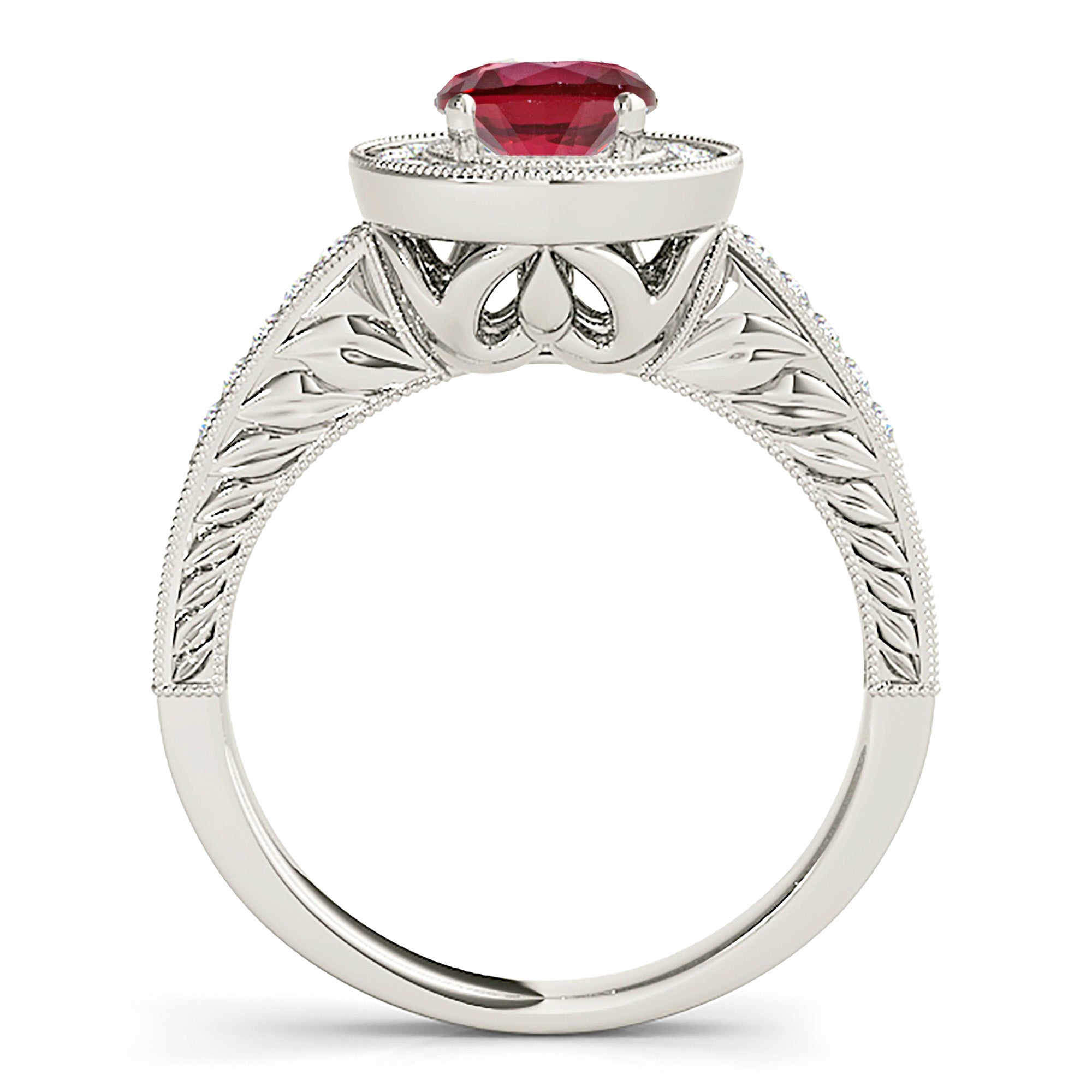 1.45 Carat Genuine Ruby Ring with Halo & Filigree Diamond Band - Elegant Engagement, Wedding, Anniversary Gift for Women
