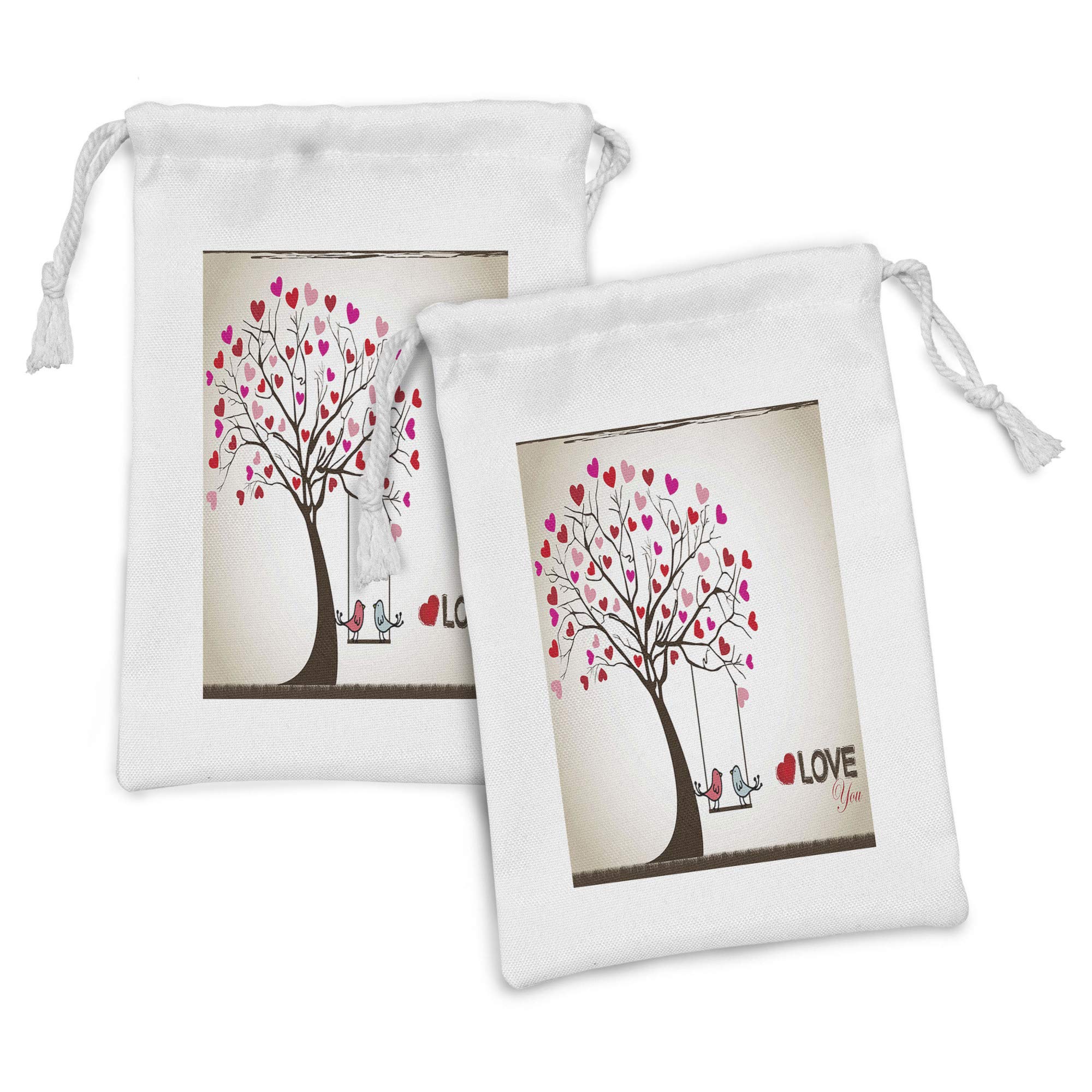 Ambesonne Love Fabric Pouch Set of 2 - Heart Leaves Tree with Birds in Swing Cartoon Design | Small Drawstring Bag for Toiletries, Makeup, Jewelry & Party Favors | 9