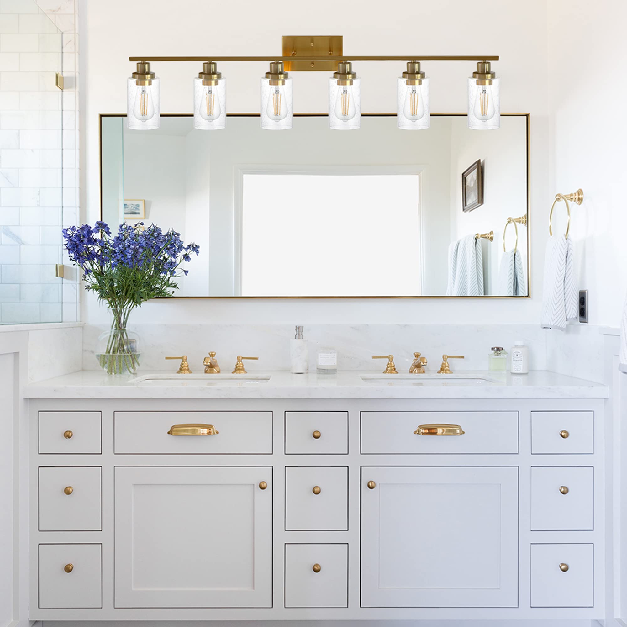 MELUCEE 6-Light Brushed Brass Vanity Light - Modern Bathroom Mirror Lighting Fixture with Bubbled Glass Shades - Wall Sconce for Hallway, Kitchen, Living Room & Bedroom - Perfect for Makeup, Shaving & Ambient Lighting
