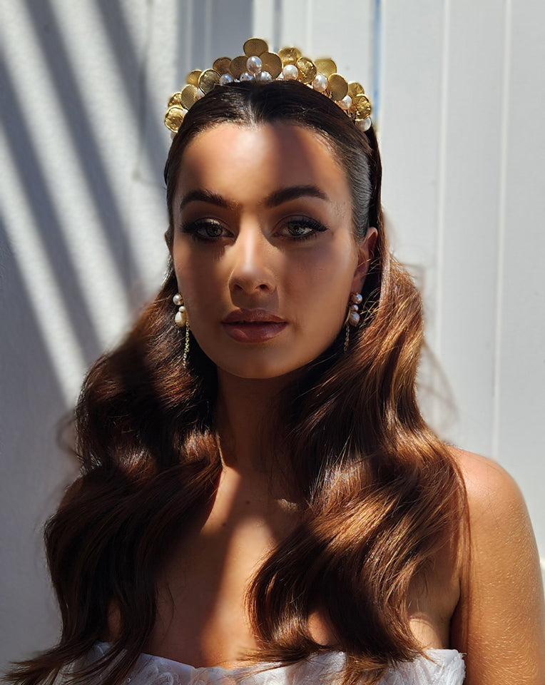 Elegant Bridal Headpiece - Grecian Pearl & Gold Textured Metal Headband by Kezani | Perfect for Weddings, Prom & Special Occasions