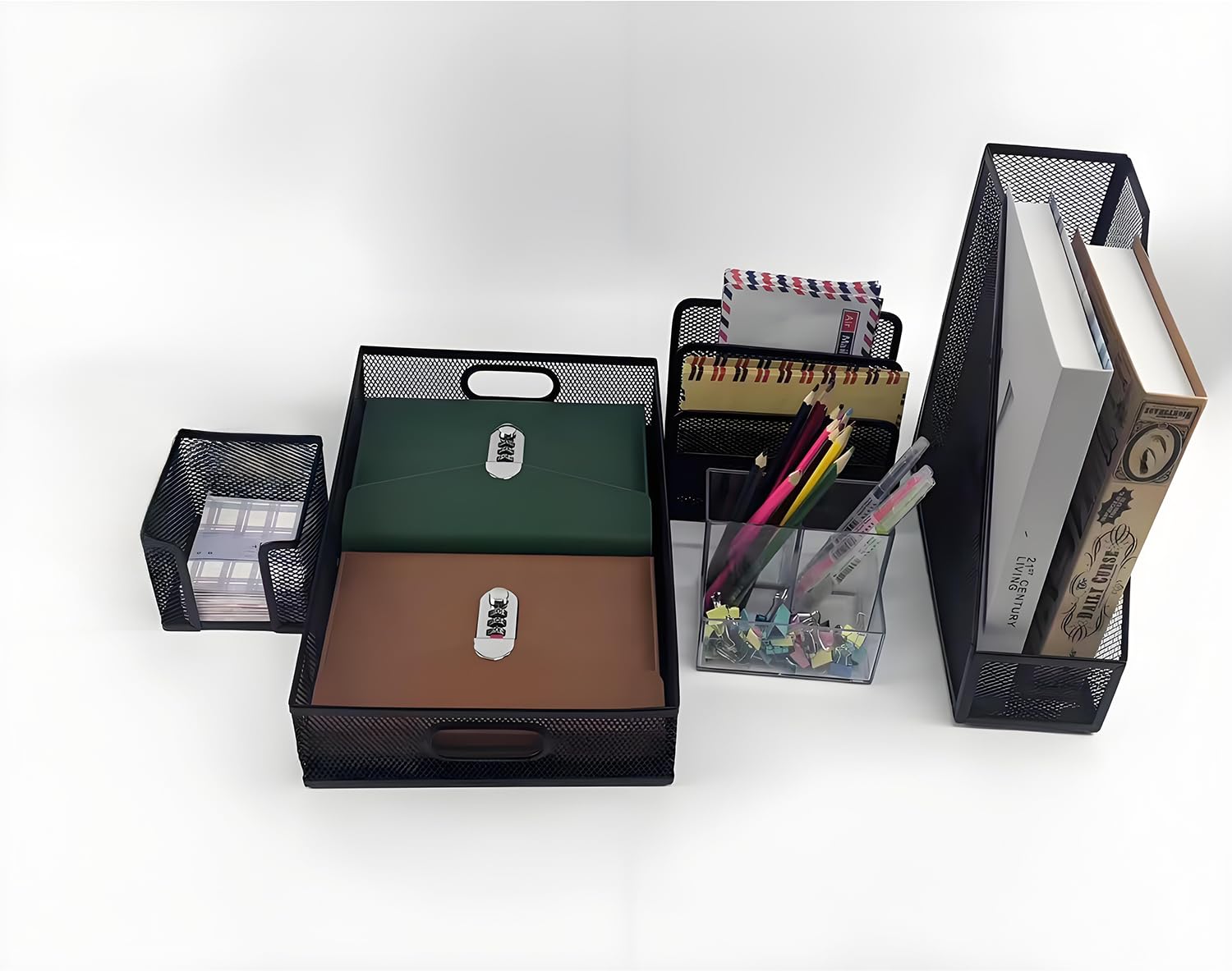 5-Piece Black Office Desk Organizer Set - File Tray, Magazine Holder, Pen Cup, Sticky Note Holder & Letter Mail Sorter for Home & Office Workspace Organization | Perfect for Desk Accessories, Office Supplies & Productivity Tools